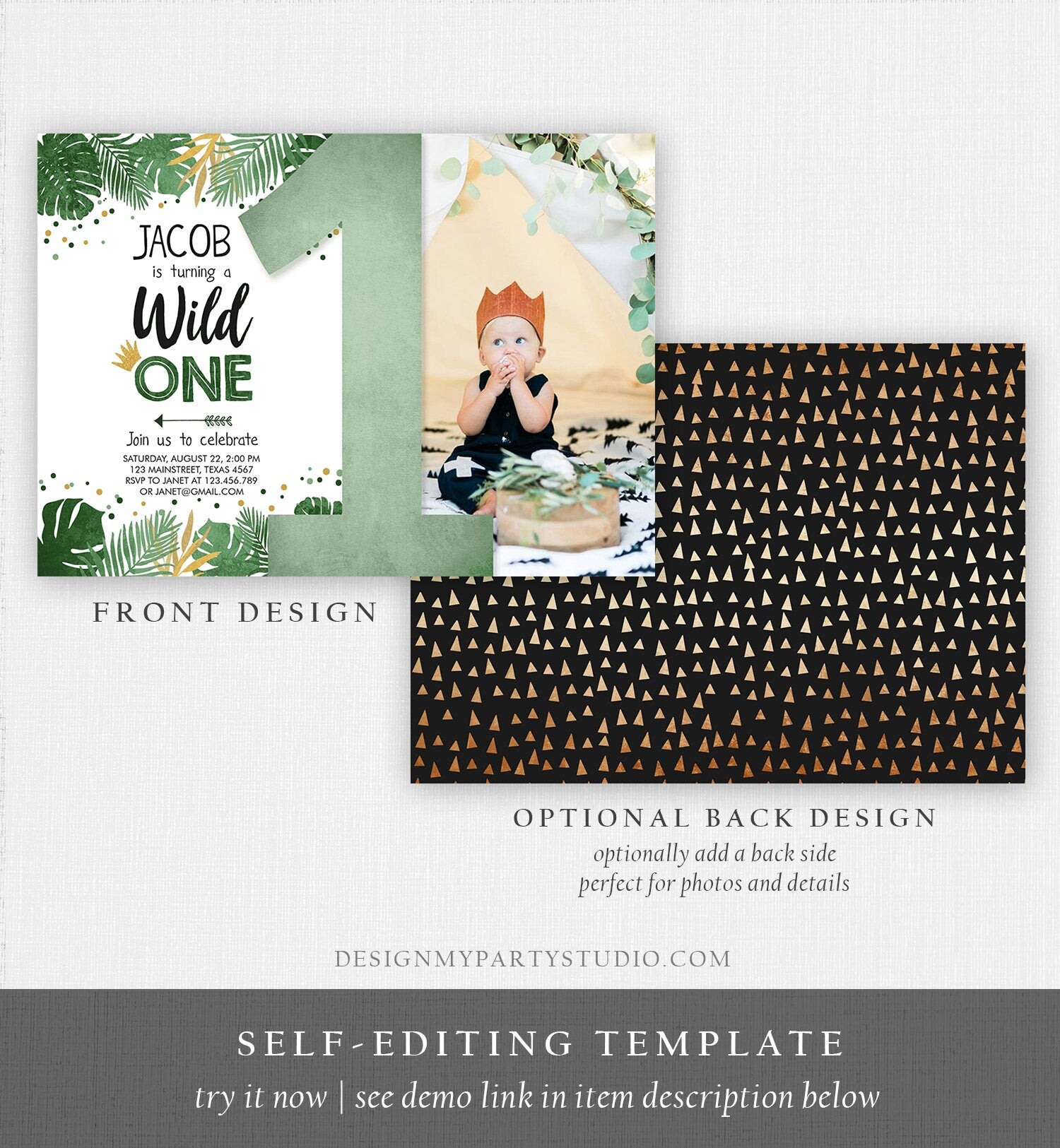 Editable Wild One First Birthday Invitation Jungle Safari Tropical Leaves 1st Birthday Confetti Boy Gold Green Template Printable 0332