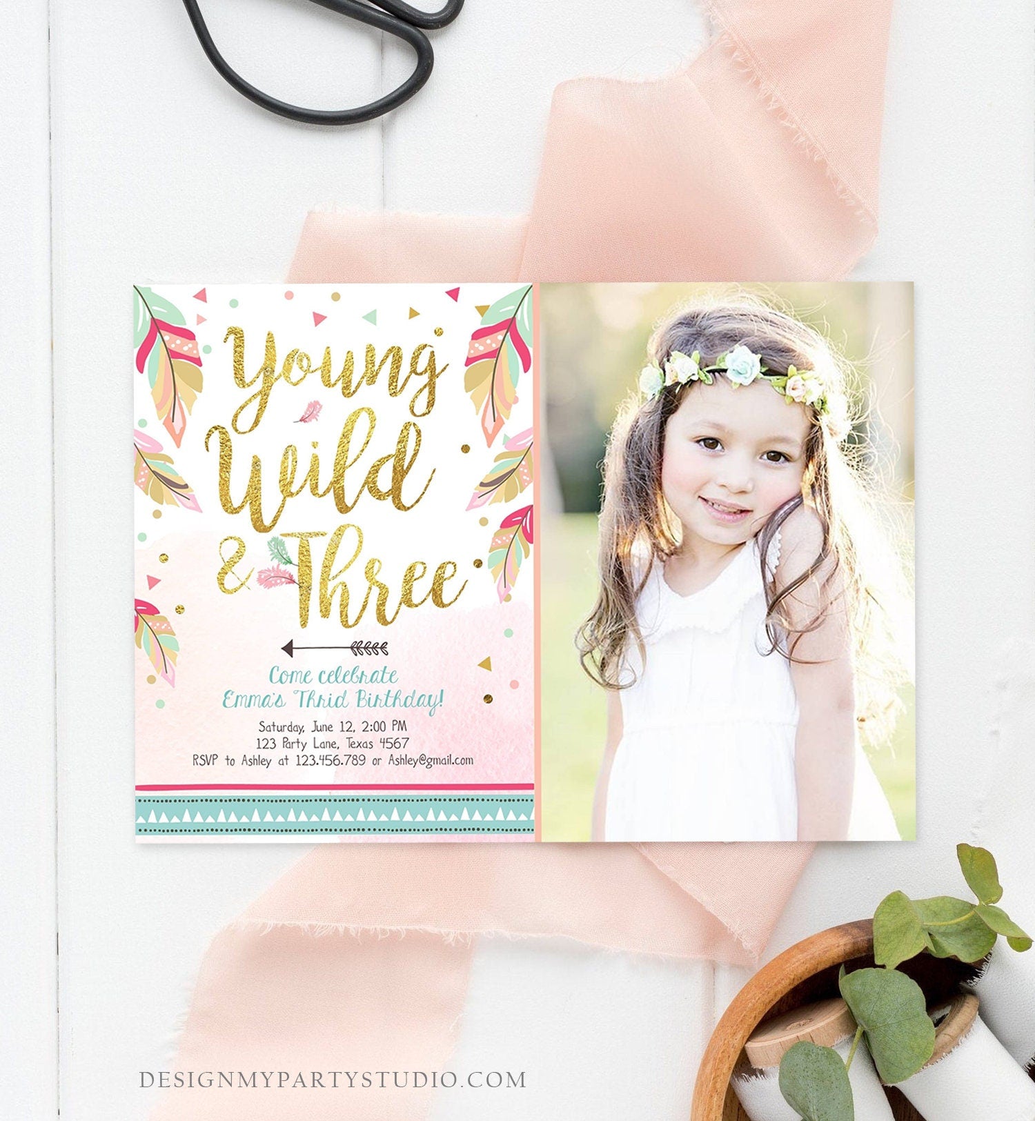 Editable Young Wild and Three Invitation Girl Pink Gold Third Birthday Feathers Tribal Boho Digital Download Printable Corjl Template 0038