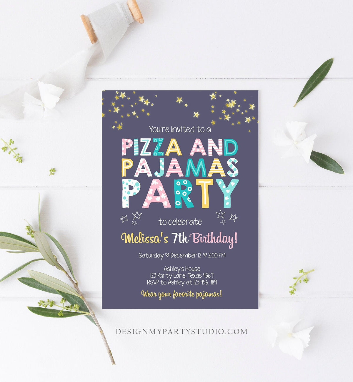 Editable Pizza and Pajamas Birthday Invitation Movie Night Birthday Slumber Party Girl Pink Digital Download Evite Template Printable 0218