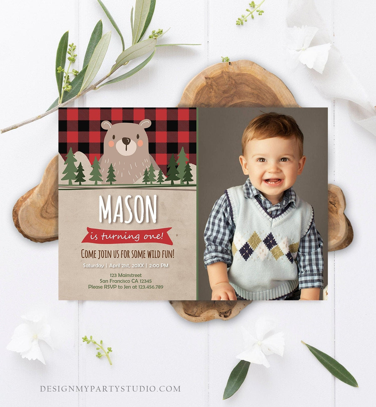 Editable Lumberjack Birthday Invitation Rustic Woodland Bear First Birthday 1st Man Cub Buffalo Plaid Forest Printable Corjl Template 0026