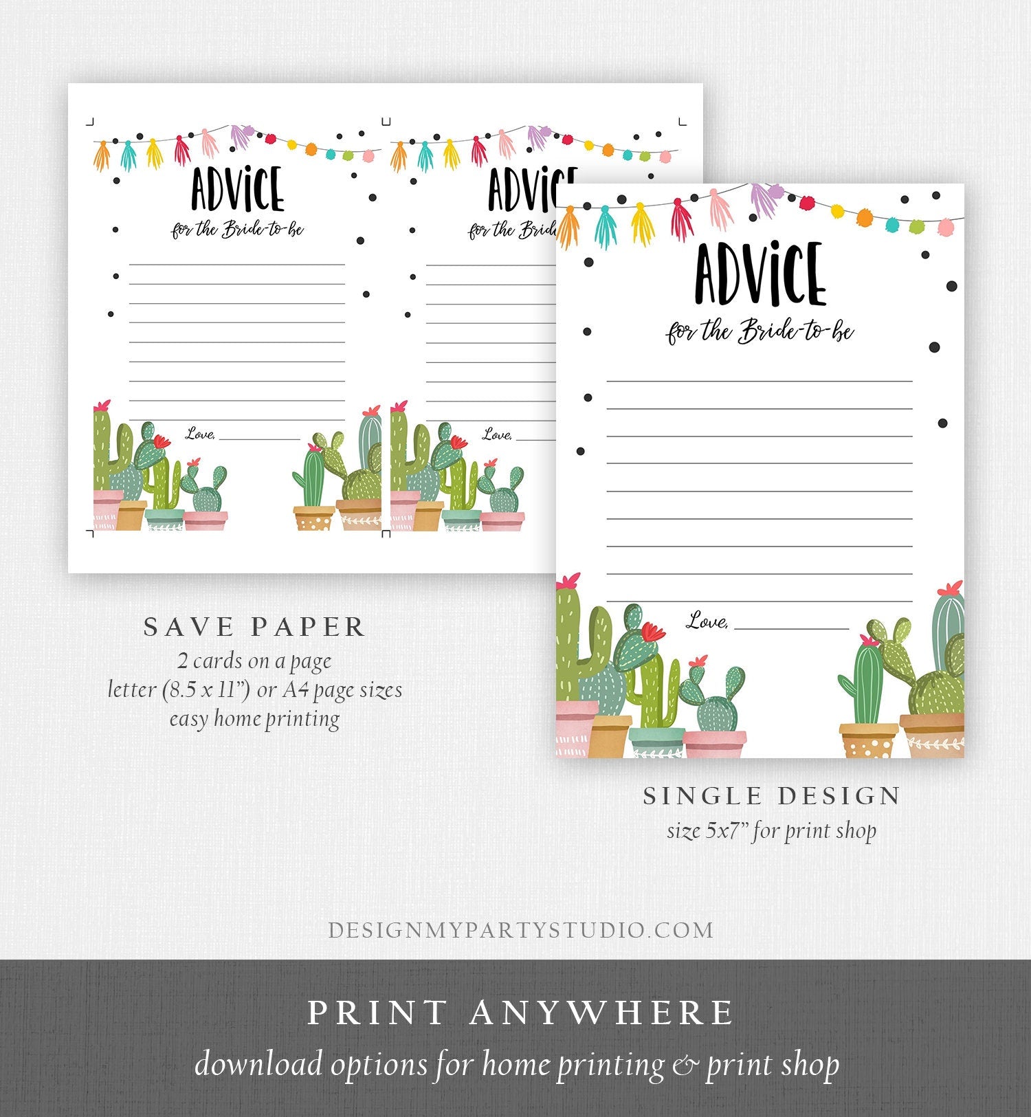 Editable Advice for the Bride-to-be Card Words of Wisdom Cactus Succulent Fiesta Bridal Shower Game Mexican Corjl Template Printable 0254