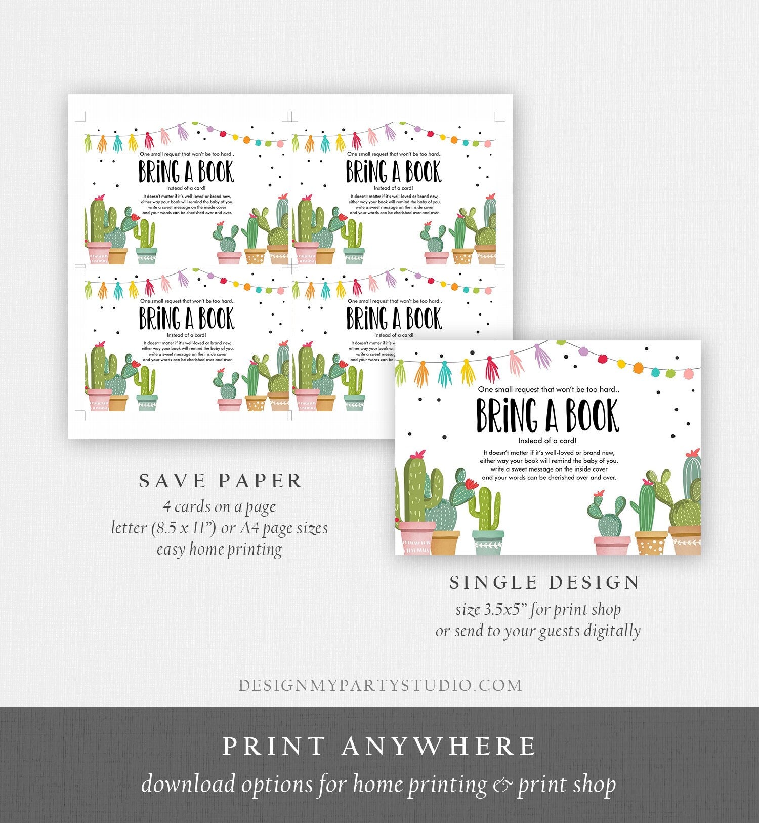 Editable Bring a Book Card Baby Shower Cactus Fiesta Taco Bout Baby Book Insert Books for Baby Book Request Digital Template Printable 0254