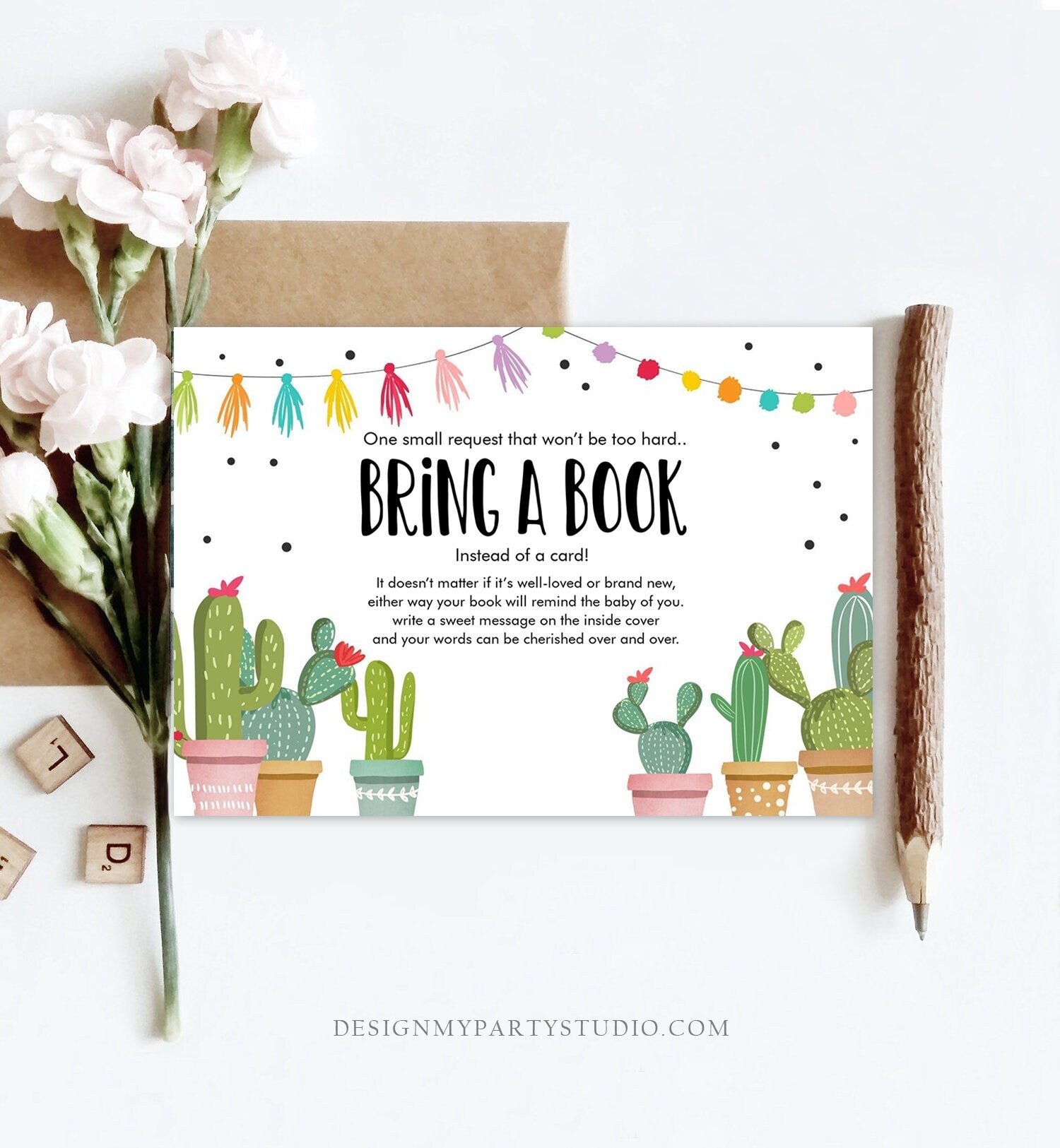 Editable Bring a Book Card Baby Shower Cactus Fiesta Taco Bout Baby Book Insert Books for Baby Book Request Digital Template Printable 0254