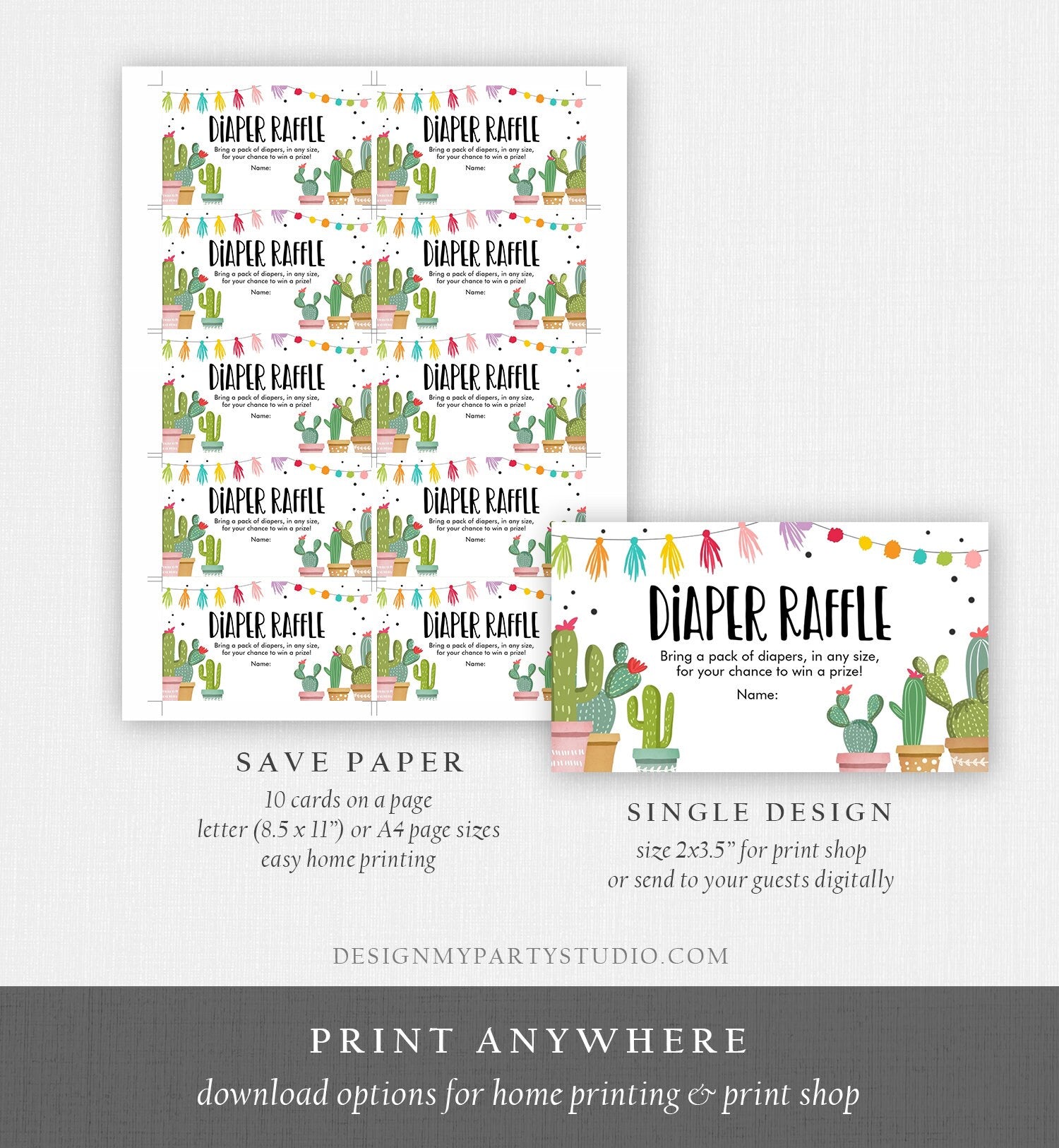 Editable Cactus Diaper Raffle Ticket Cactus Fiesta Baby Shower Diaper Game Succulent Diaper Ticket Shower Game Corjl Template Printable 0254