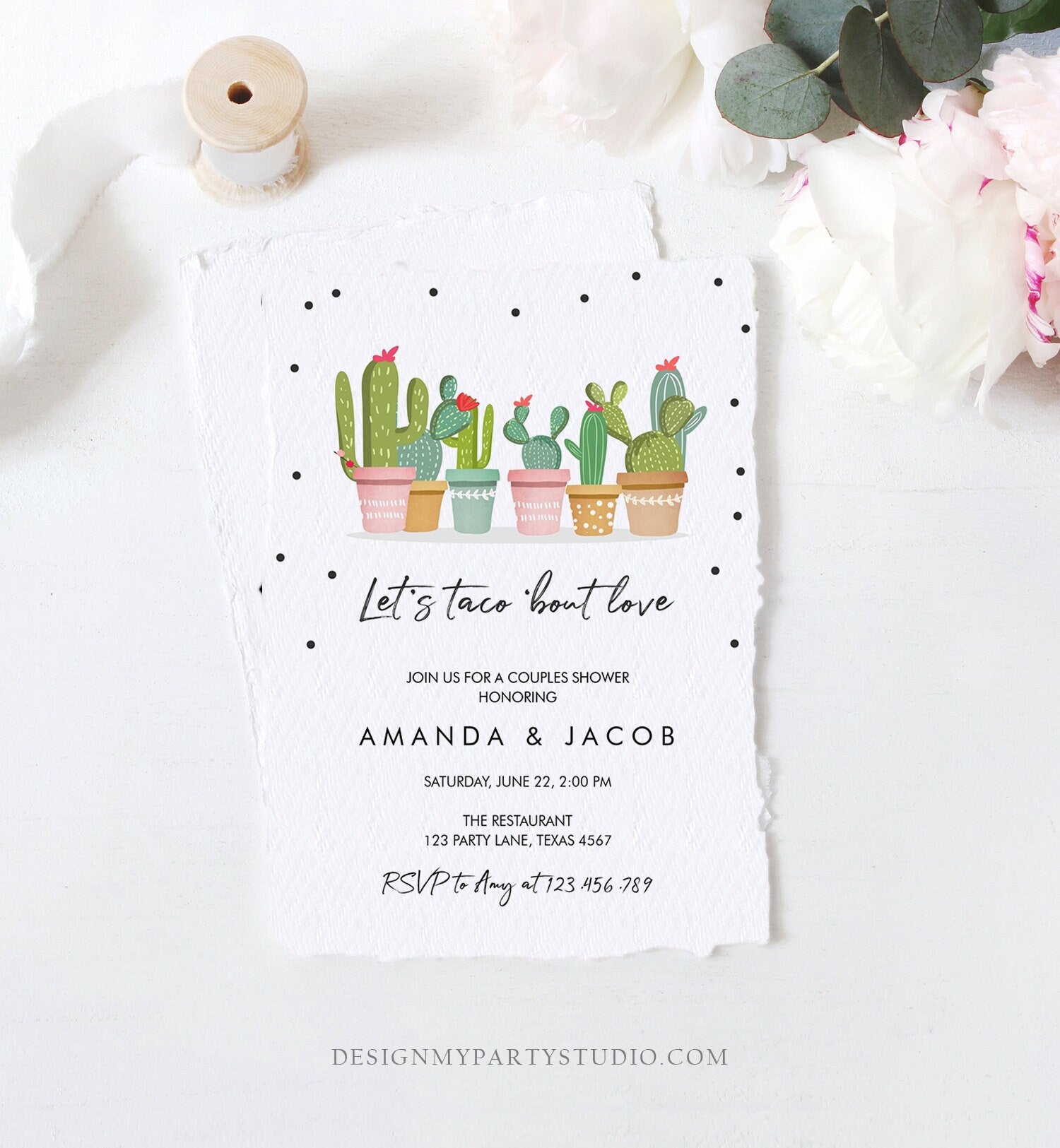 Editable Taco Bout Love Fiesta Couples Shower Invitation Cactus Succulent Green Pink Confetti Instant Download Printable Corjl Template 0254