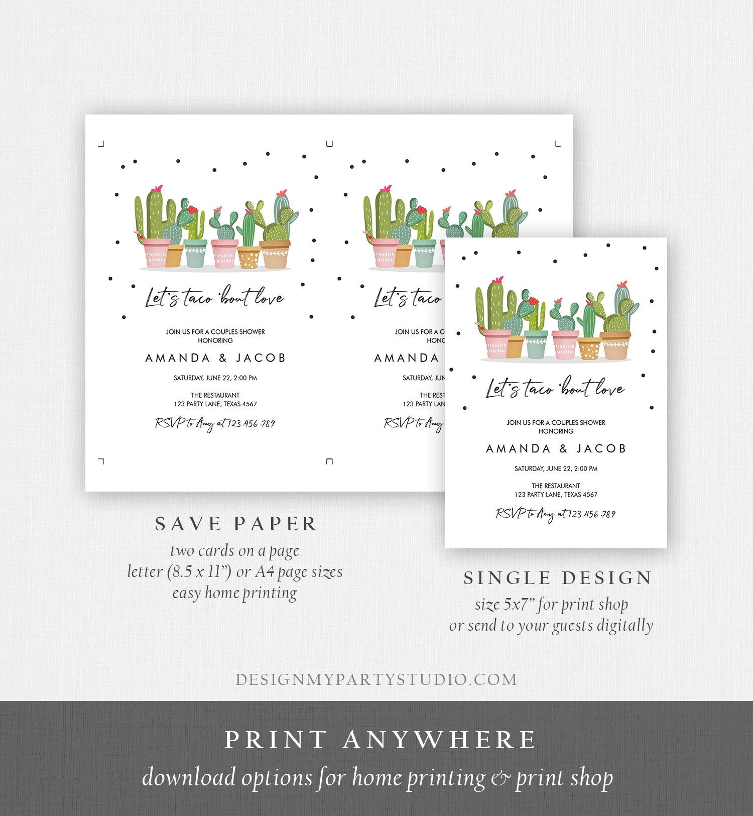 Editable Taco Bout Love Fiesta Couples Shower Invitation Cactus Succulent Green Pink Confetti Instant Download Printable Corjl Template 0254