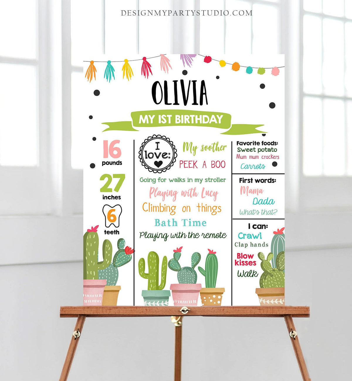 Editable Cactus Fiesta Birthday Milestones Sign First Birthday Poster Girl Pink 1st First Mexican Digital Download Template Printable 0254