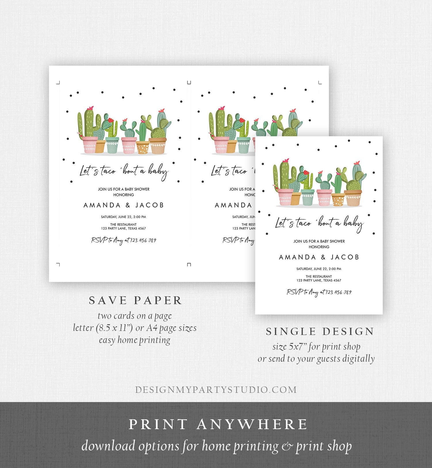 Editable Taco Bout a Baby Shower Invitation Cactus Mexican Fiesta Baby Shower Couples Shower Pregnancy Corjl Template Printable 0254