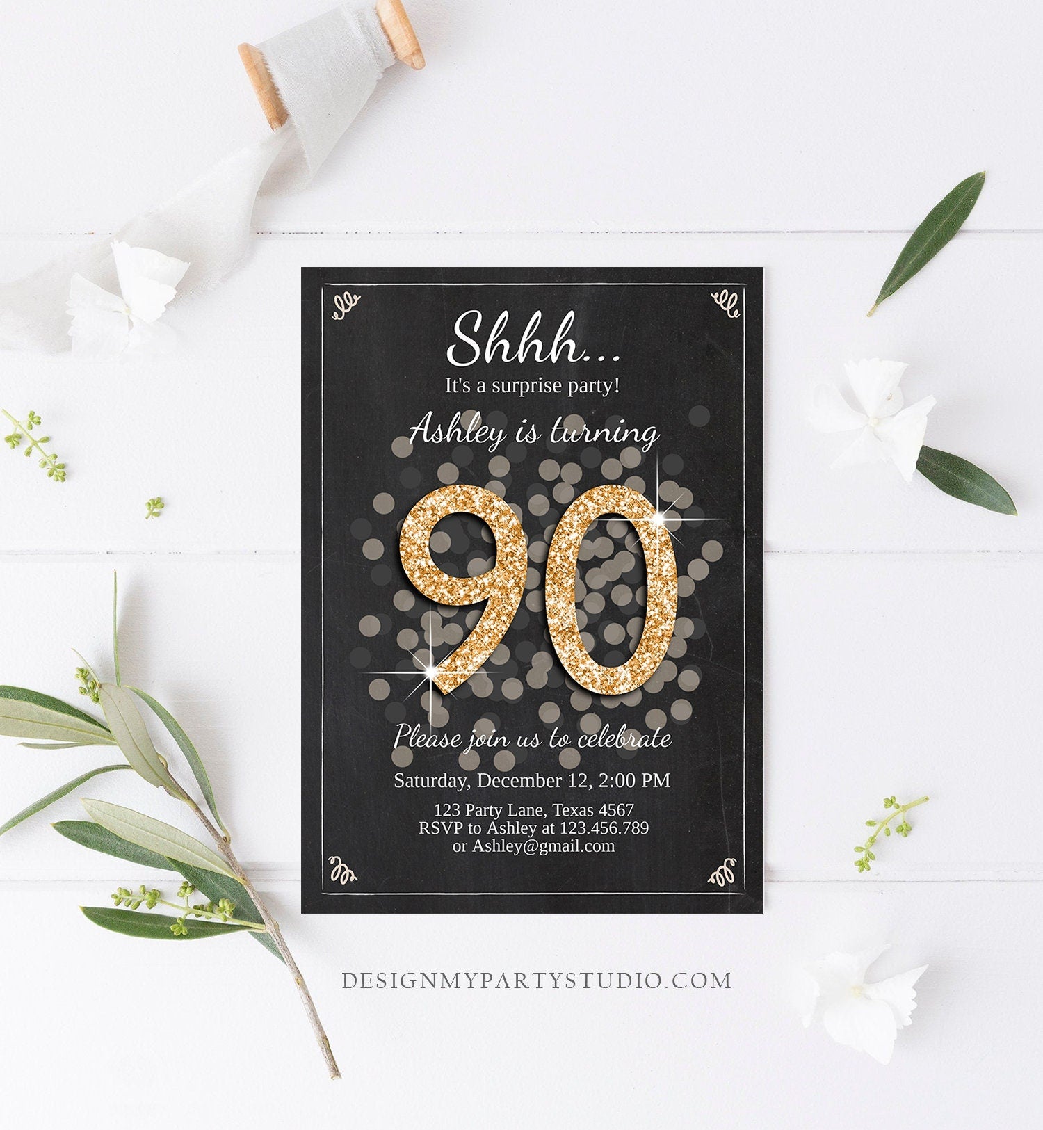 Editable ANY AGE Surprise Birthday Invitation Adult 90th Party Rustic Chalk Black Gold Glitter Photo Download Printable Corjl Template 0103