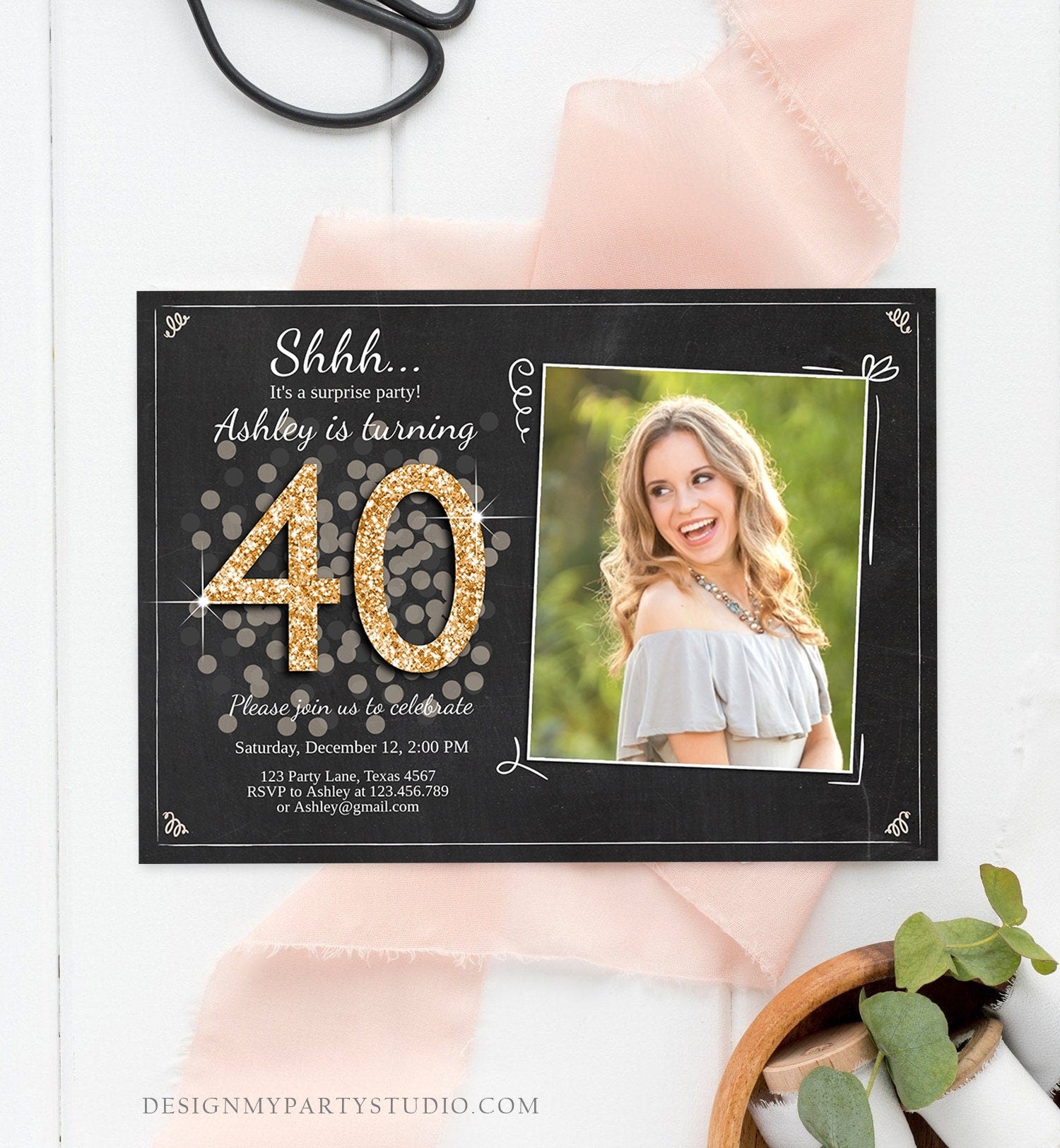 Editable ANY AGE Surprise Birthday Invitation Adult 40th Party Rustic Chalk Black Gold Glitter Photo Download Printable Corjl Template 0103