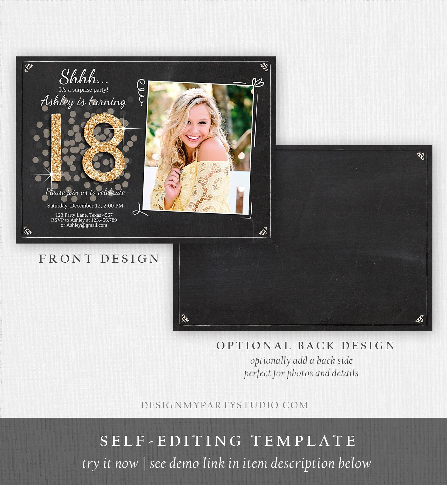 Editable ANY AGE Surprise Birthday Invitation Adult 18th Party Rustic Chalk Black Gold Glitter Photo Download Printable Corjl Template 0103