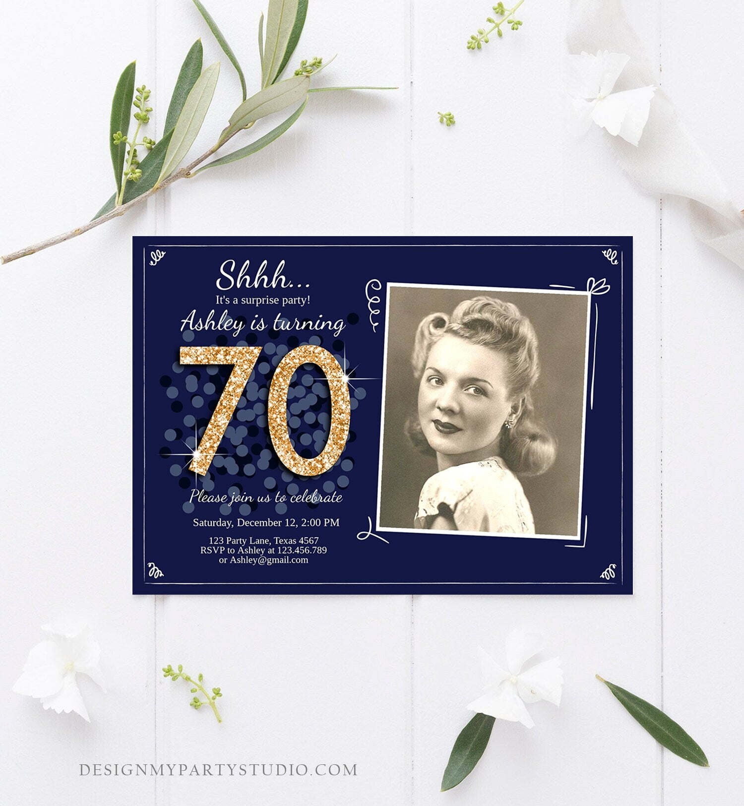 Editable ANY AGE Surprise Birthday Invitation Adult 70th Party Rustic Navy Blue Gold Glitter Photo Download Printable Corjl Template 0103