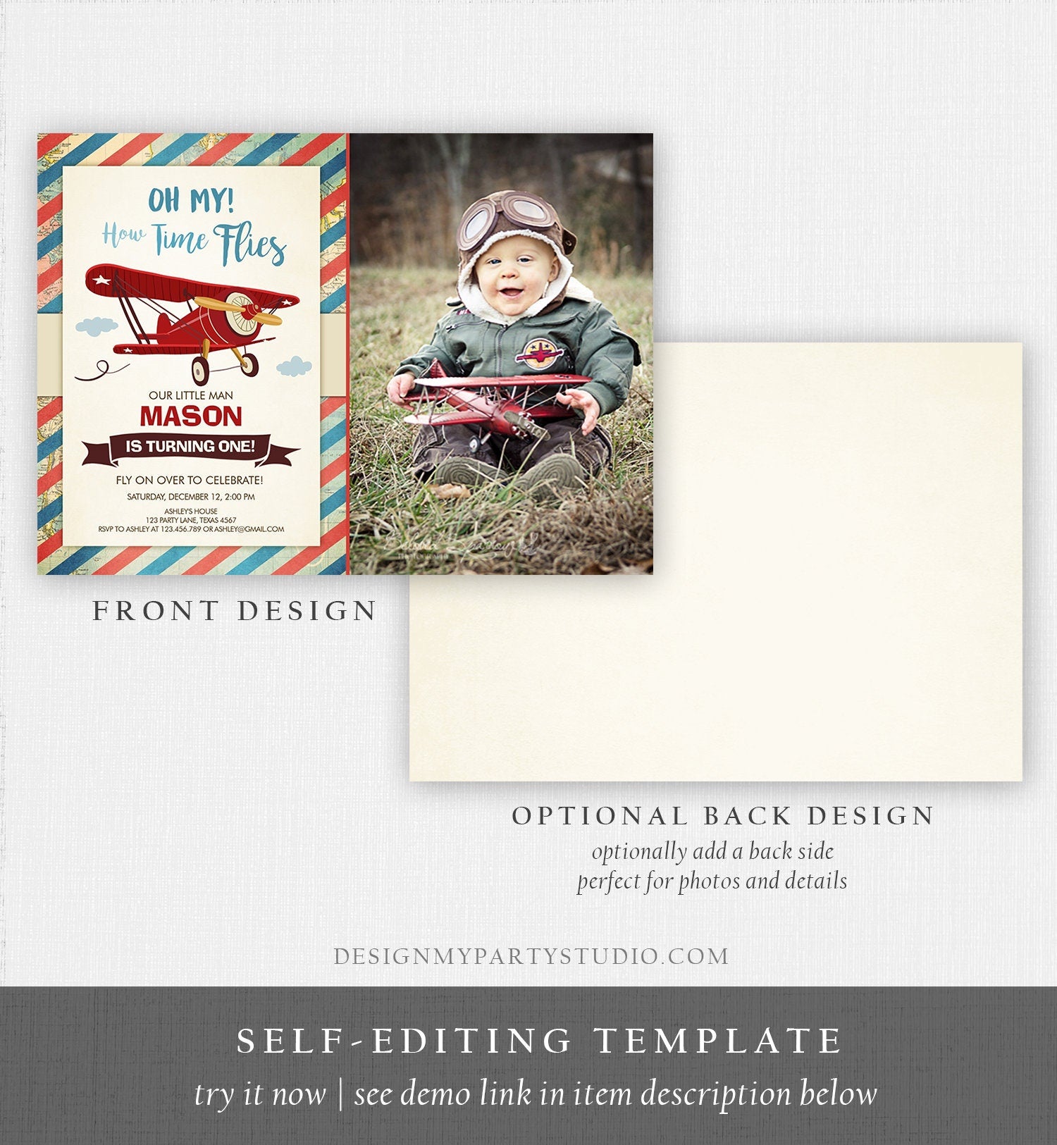 Editable Airplane Birthday Invitation Oh My Time Flies Red Airplane First Birthday Plane Vintage Download Corjl Template Printable 0011