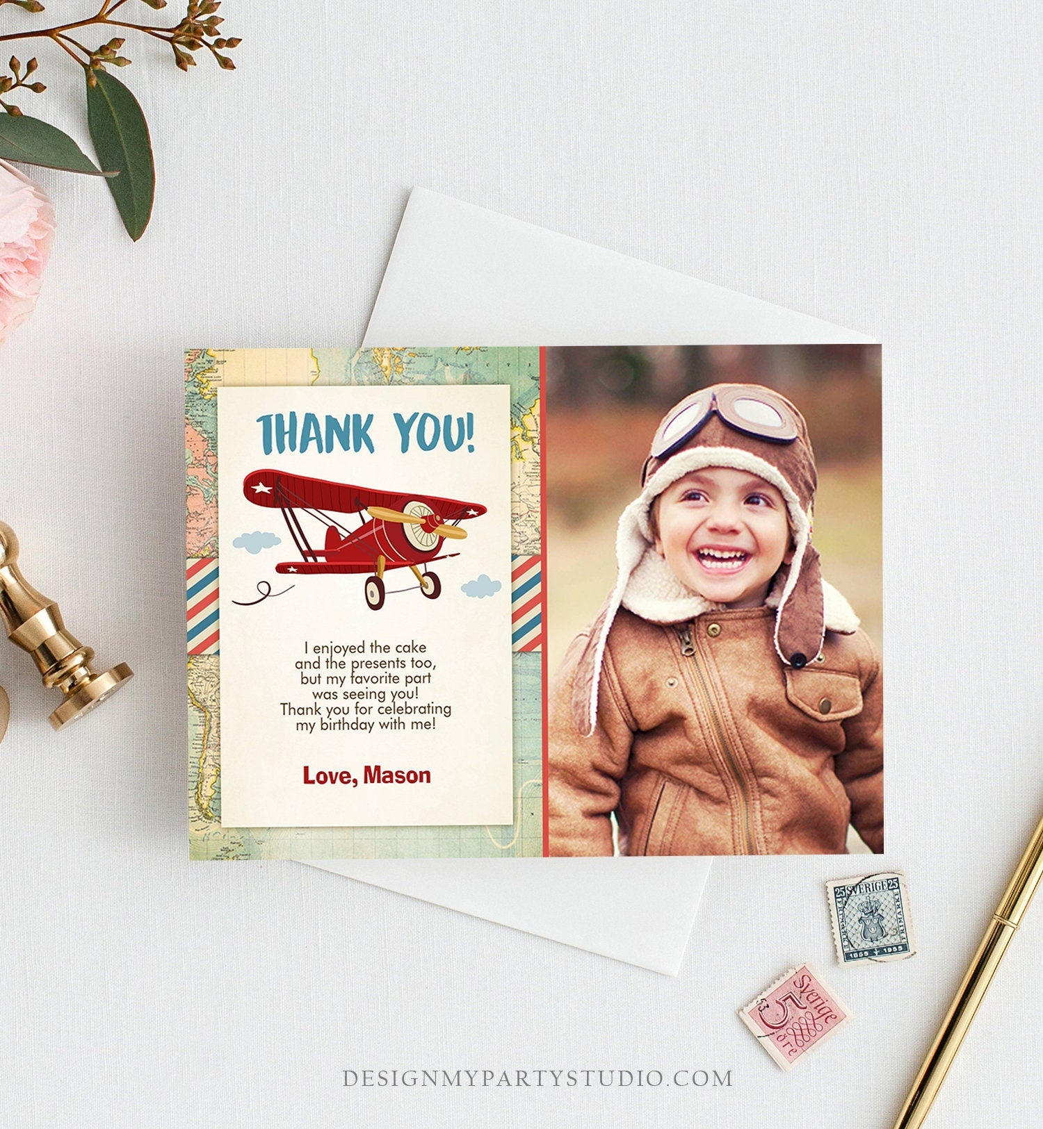 Editable Airplane Thank You Card Birthday Adventure Travel Thank You Baby Shower Invitation Red Airplane Download Corjl Template 0011