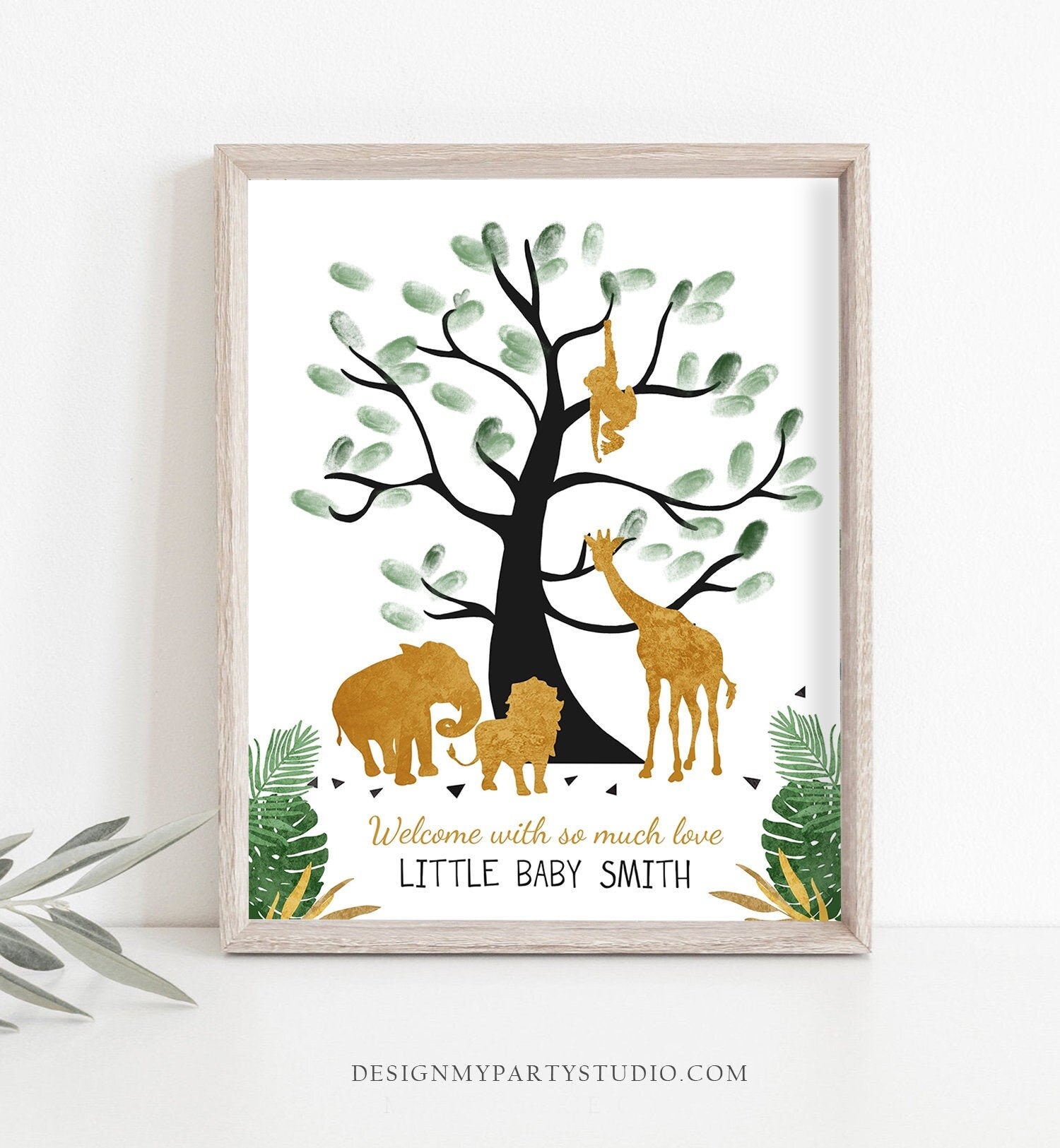 Editable Safari Animals Baby Shower Fingerprint Guestbook Thumbprint Guest Book Tree Jungle Wild One Gold Boy Corjl Template Printable 0016