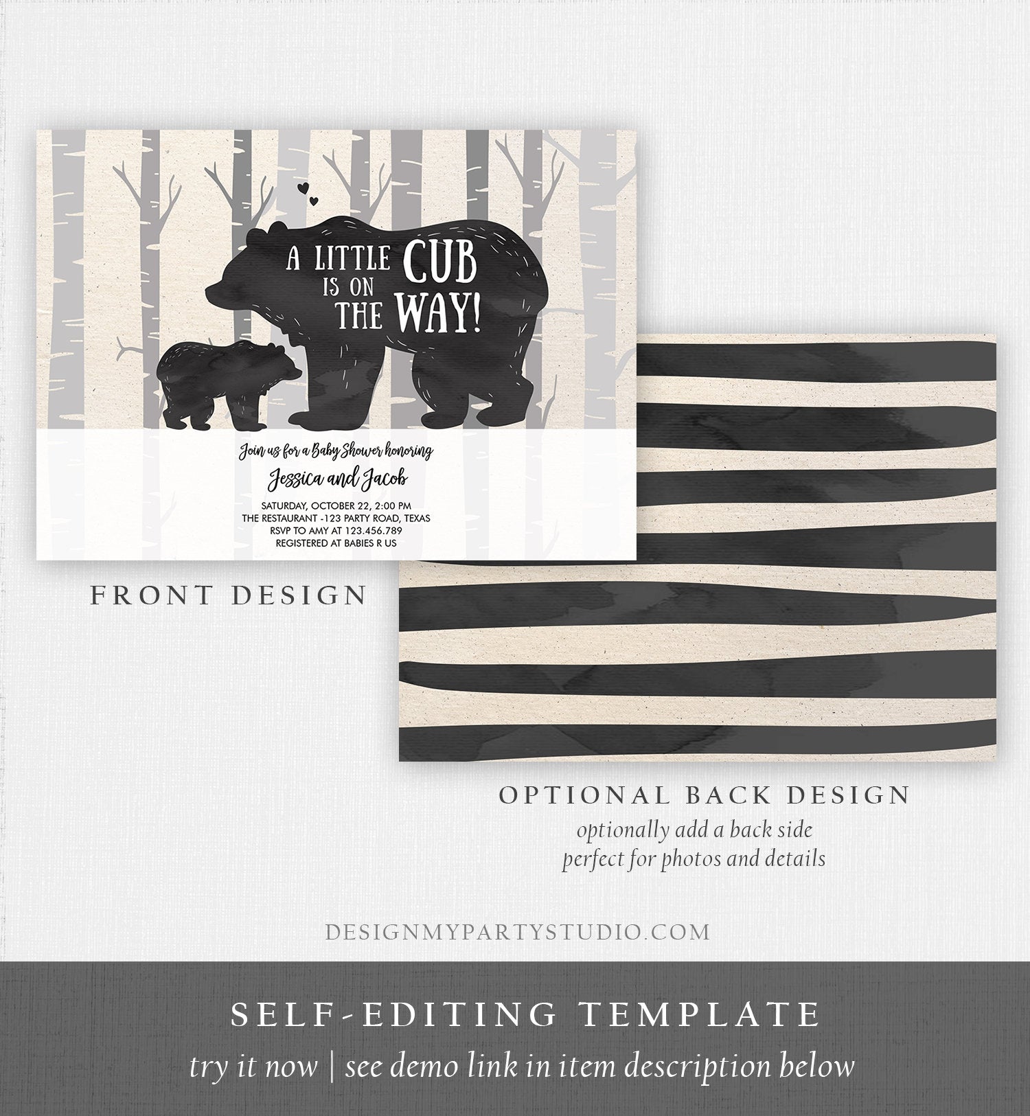 Editable Bear Baby Shower Invitation Bear Cub Baby Shower Invite Woodland Birch Trees Rustic Animal Printable Template Digital Corjl 0267