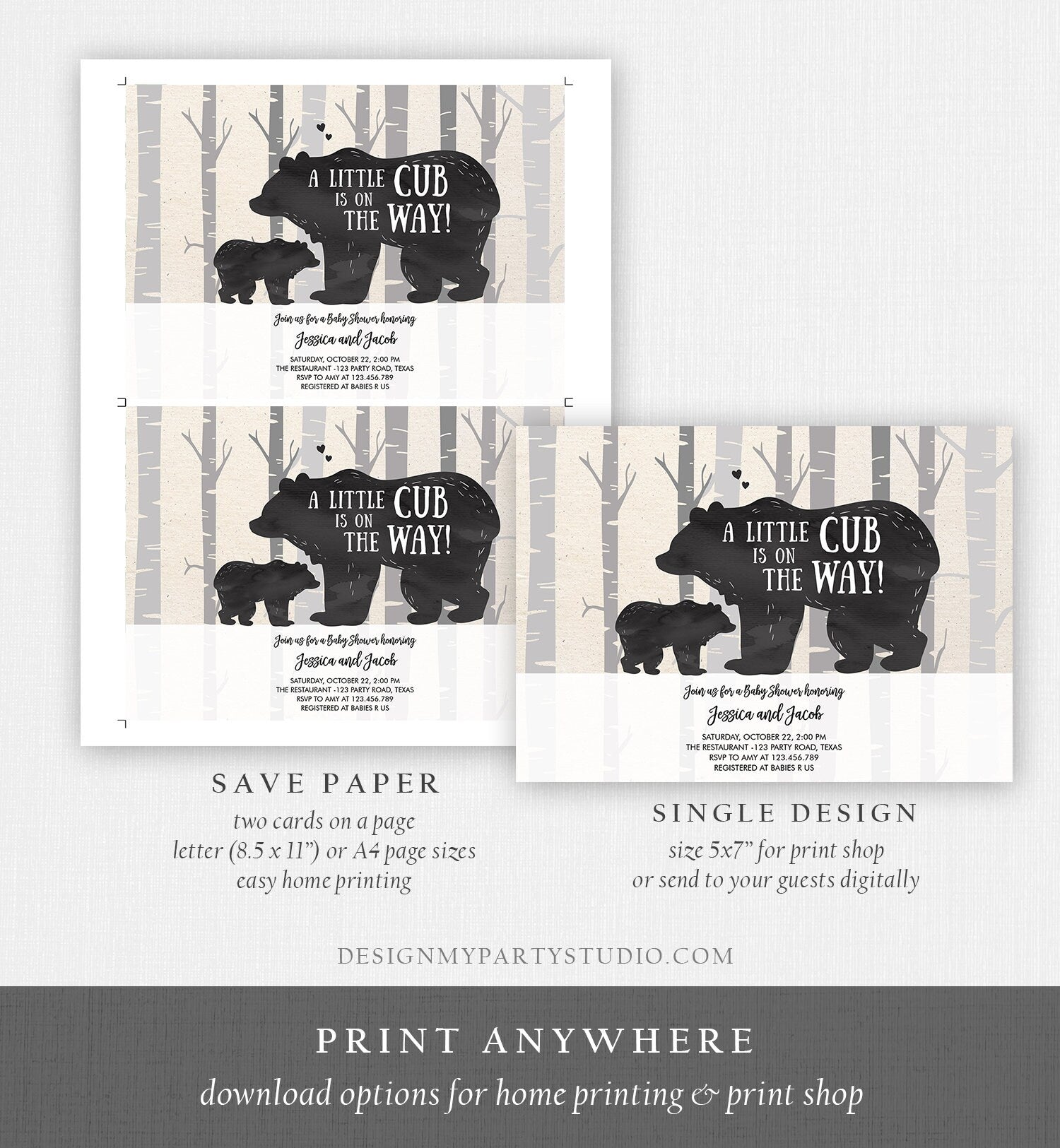 Editable Bear Baby Shower Invitation Bear Cub Baby Shower Invite Woodland Birch Trees Rustic Animal Printable Template Digital Corjl 0267