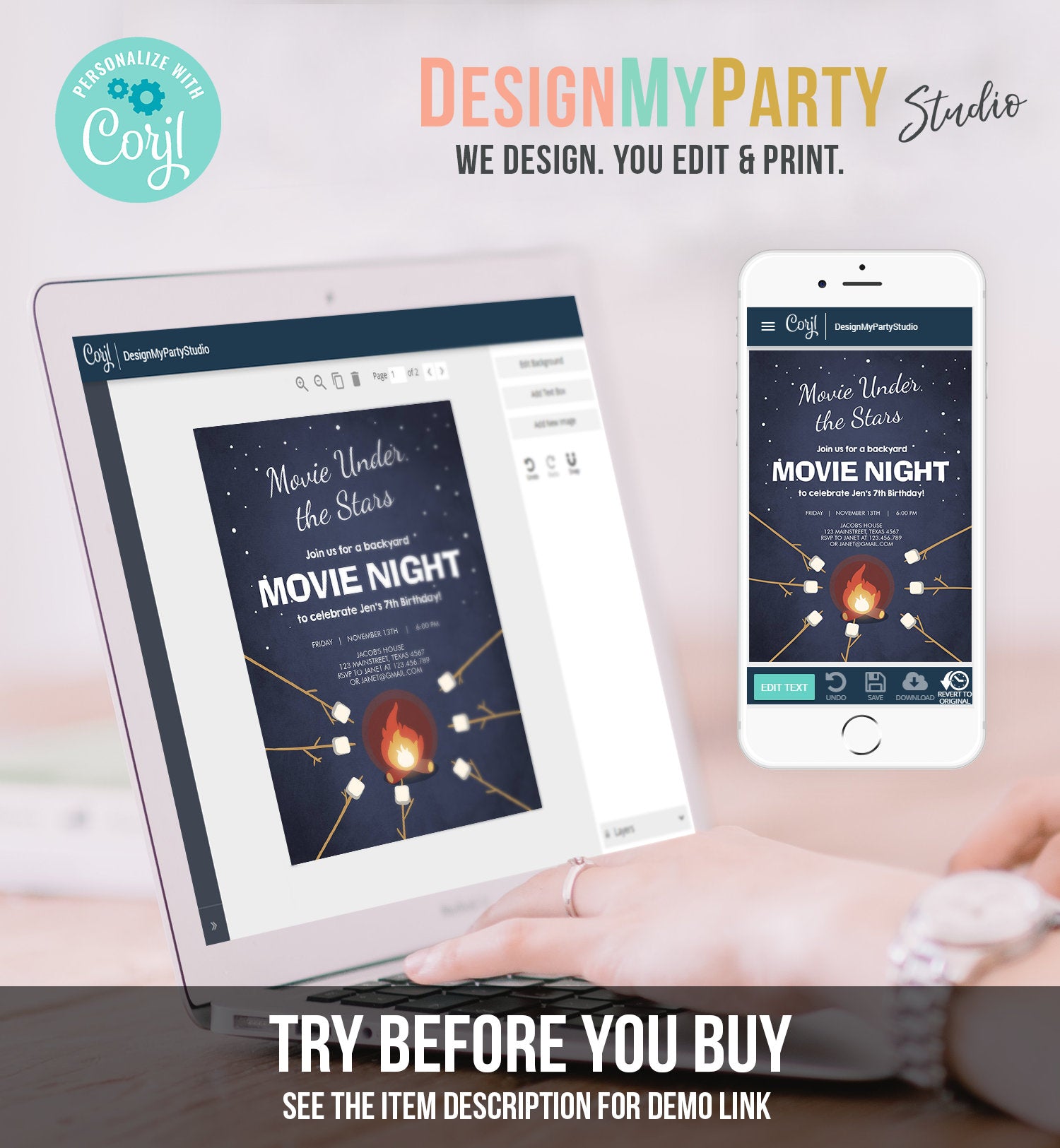 Editable Movie Night Birthday Invitation Under the Stars Bonfire Campfire Backyard Movie Party Download Corjl Template Printable 0268