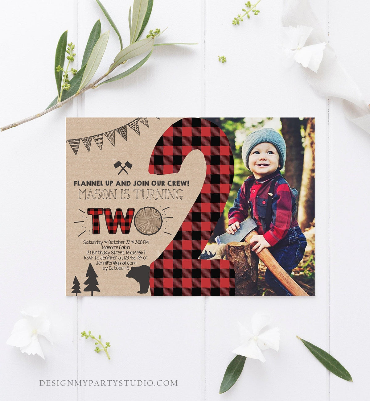 Editable Lumberjack Birthday Invitation Rustic Woodland 2nd Birthday Two Buffalo Plaid Timber Two Download Printable Template Corjl 0026