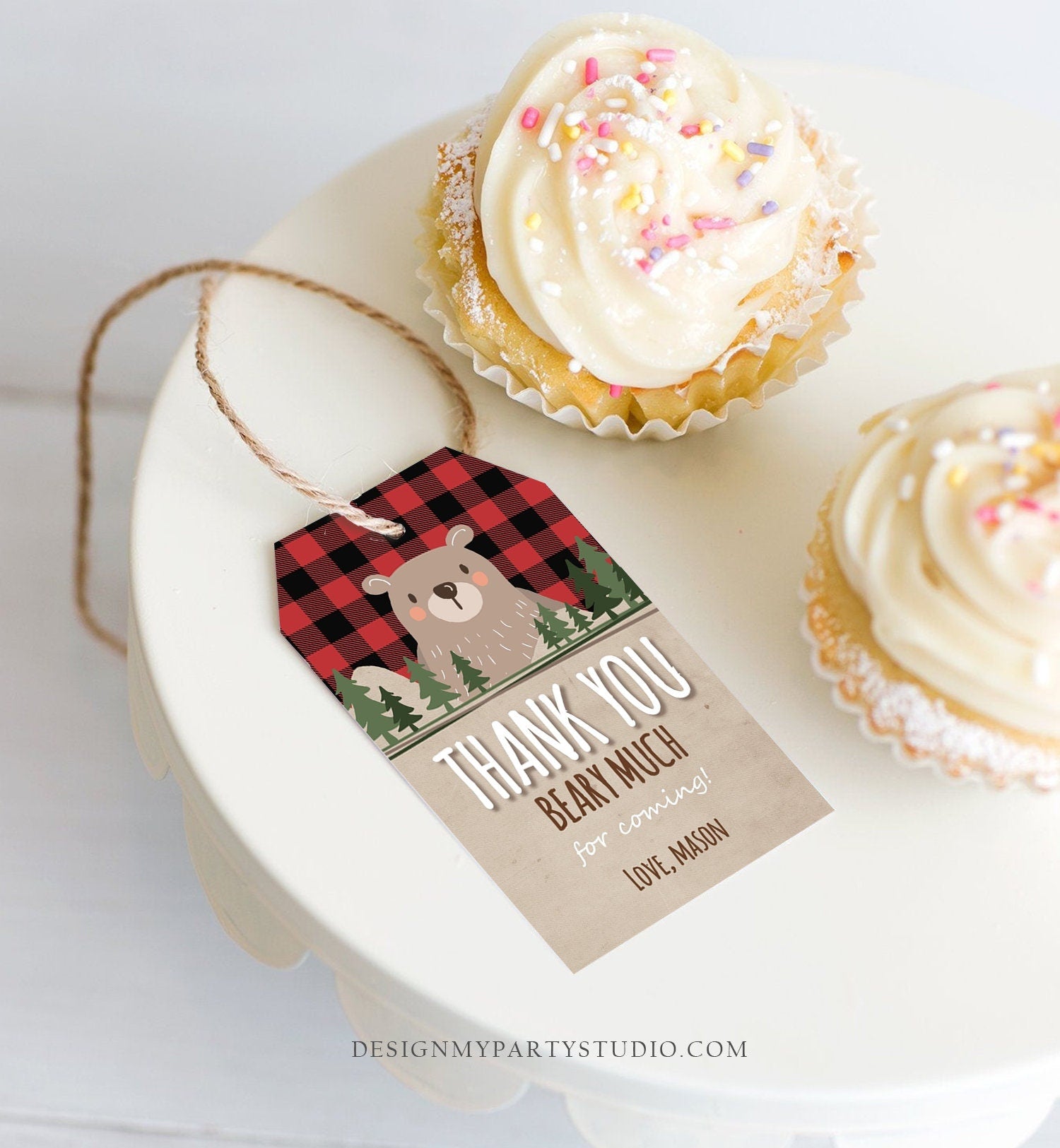 Editable Lumberjack Favor Tags Thank you beary much Lumberjack Birthday tag Label Baby shower Woodland Bear template PRINTABLE Corjl 0026