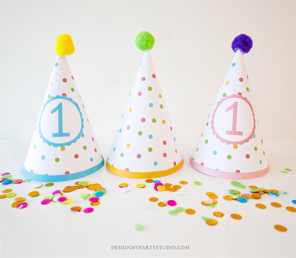 Printable Party Hats First Birthday Party Birthday Decor Confetti Rainbow Birthday Boy Girl 1st Birthday Decoration DIY PRINTABLE Digital