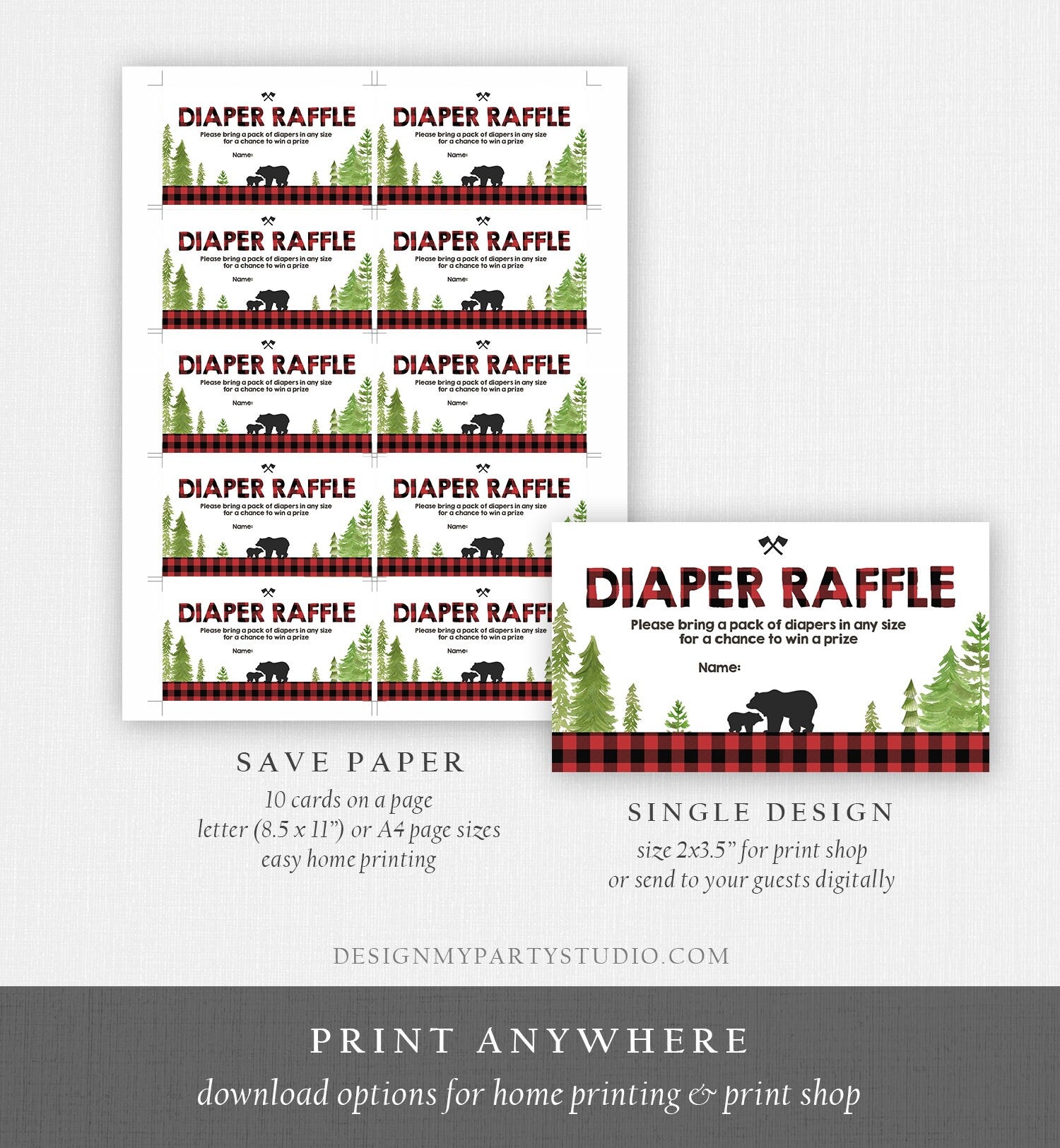 Editable Lumberjack Diaper Raffle Ticket Lumberjack Baby shower Diaper Game Rustic Bear Cub Diaper Ticket Template PRINTABLE Corjl 0191