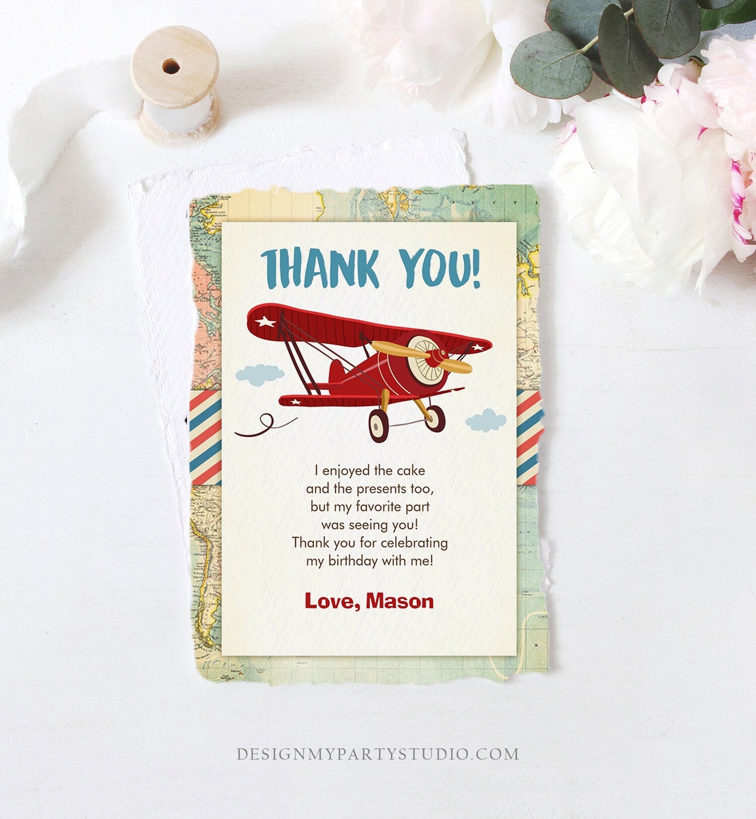 Editable Airplane Thank You Card Airplane Birthday Adventure Travel Baby Shower Vintage Red Plane Aircraft Download Corjl Template 0011