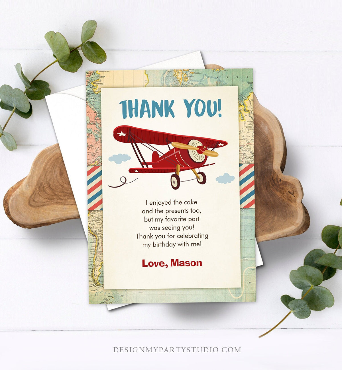 Editable Airplane Thank You Card Airplane Birthday Adventure Travel Baby Shower Vintage Red Plane Aircraft Download Corjl Template 0011