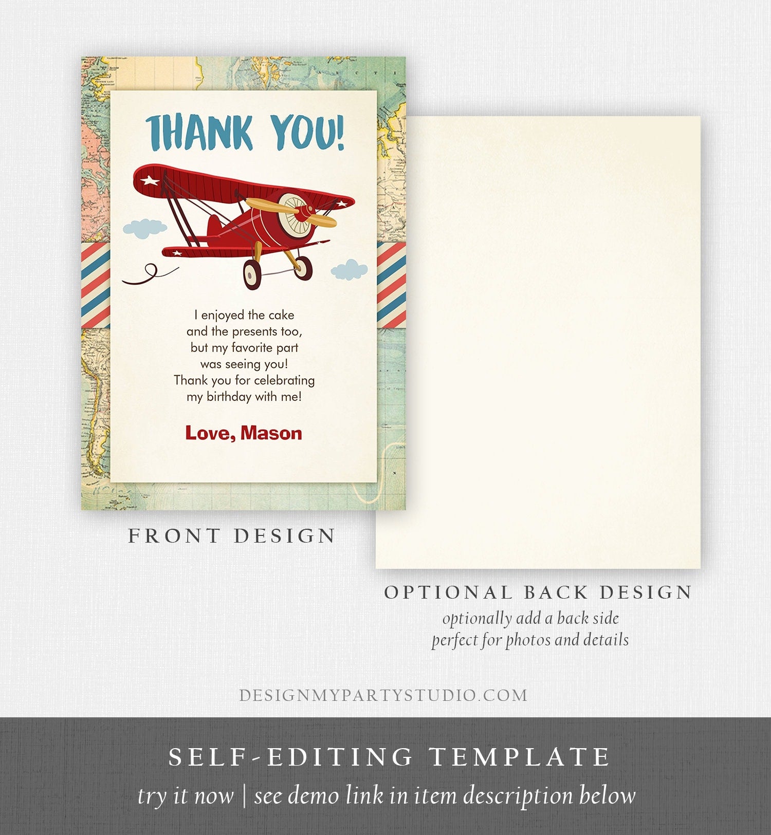 Editable Airplane Thank You Card Airplane Birthday Adventure Travel Baby Shower Vintage Red Plane Aircraft Download Corjl Template 0011