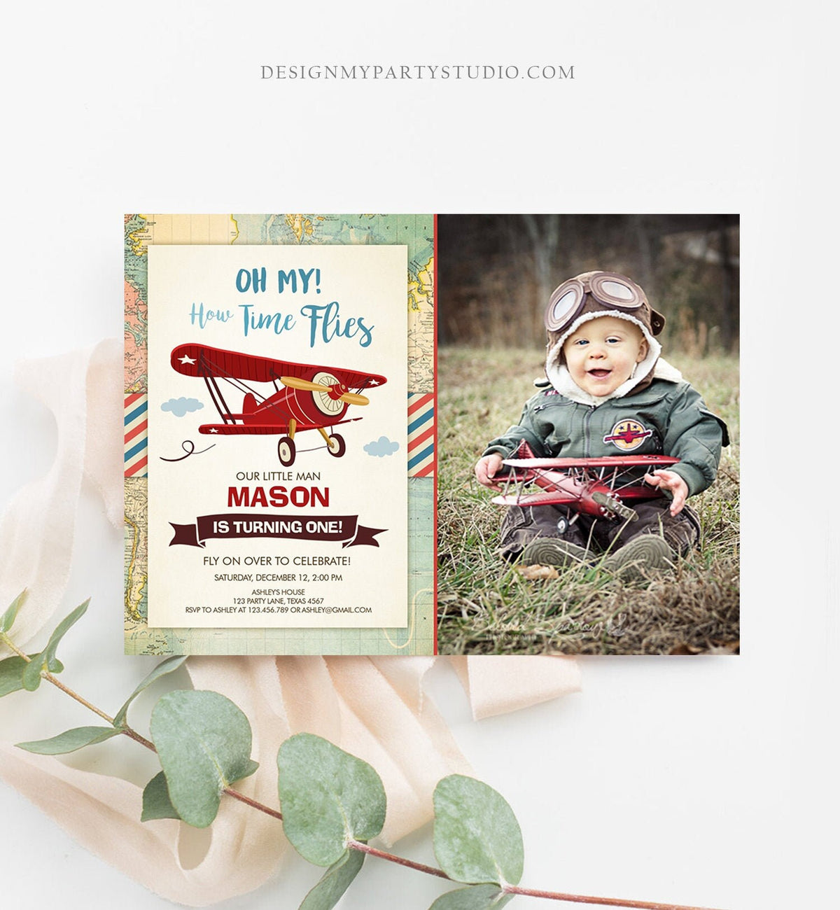 Editable Airplane Birthday Invitation Oh My Time Flies Red Airplane First Birthday Plane Sky Photo Digital Download Template Printable 0011