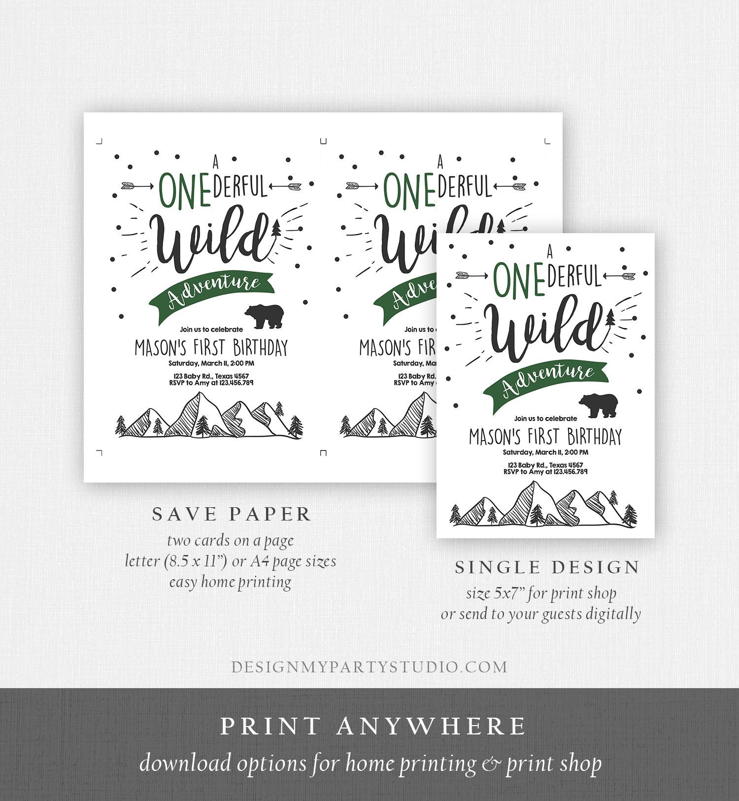 Editable A Onederful Wild Adventure First Birthday Invitation Wild Boy Mountains Bear Outdoor Hunter Green Digital Download Template 0083