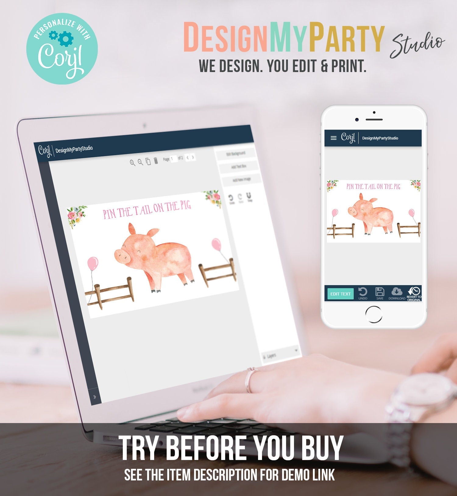 Editable Pin the Tail on the Pig Girl Farm Birthday Game Farm Animals Party Animals Decor Barnyard Download Printable Corjl 0155 0188