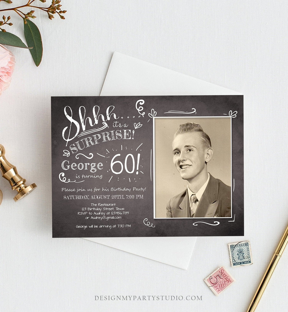 Editable ANY AGE Surprise Birthday Invitation Chalk Rustic Adult 60th Sixty Vintage Party Photo Shhh Download Printable Corjl Template 0102