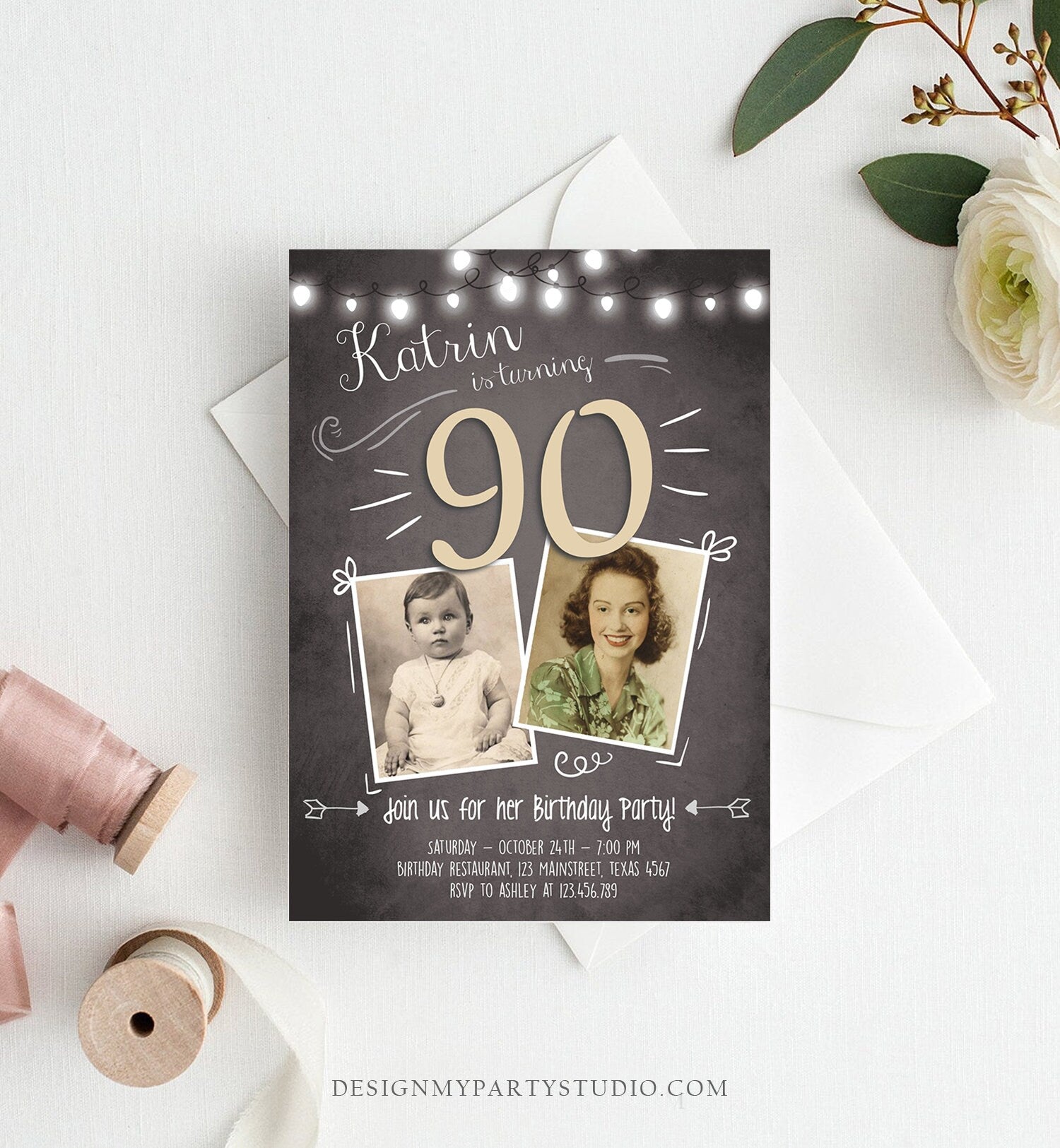 Editable ANY AGE 90th Birthday Invitation Chalkboard Rustic Adult Birthday Ninety Photo Vintage Download Corjl Template Printable 0230