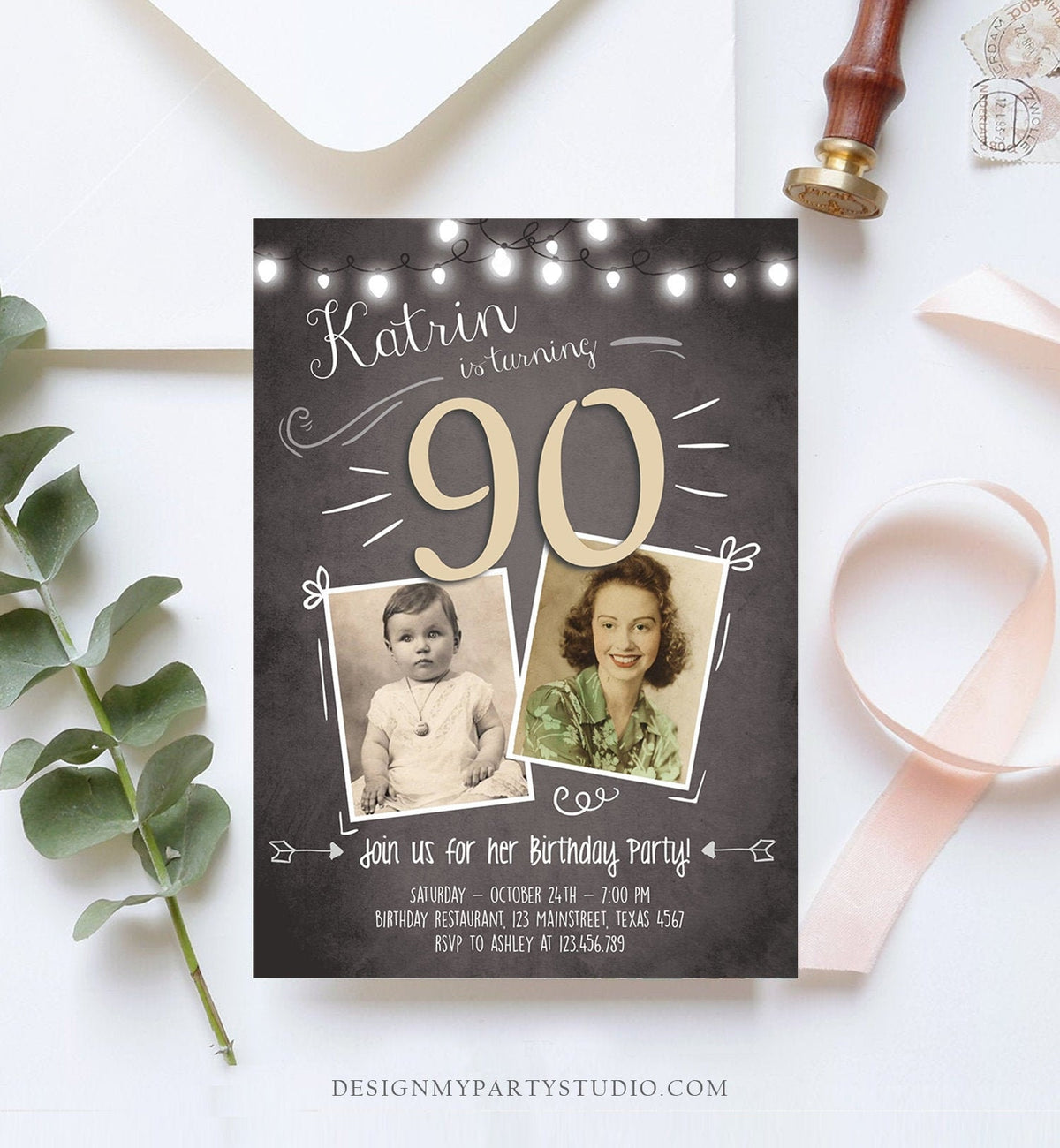 Editable ANY AGE 90th Birthday Invitation Chalkboard Rustic Adult Birthday Ninety Photo Vintage Download Corjl Template Printable 0230