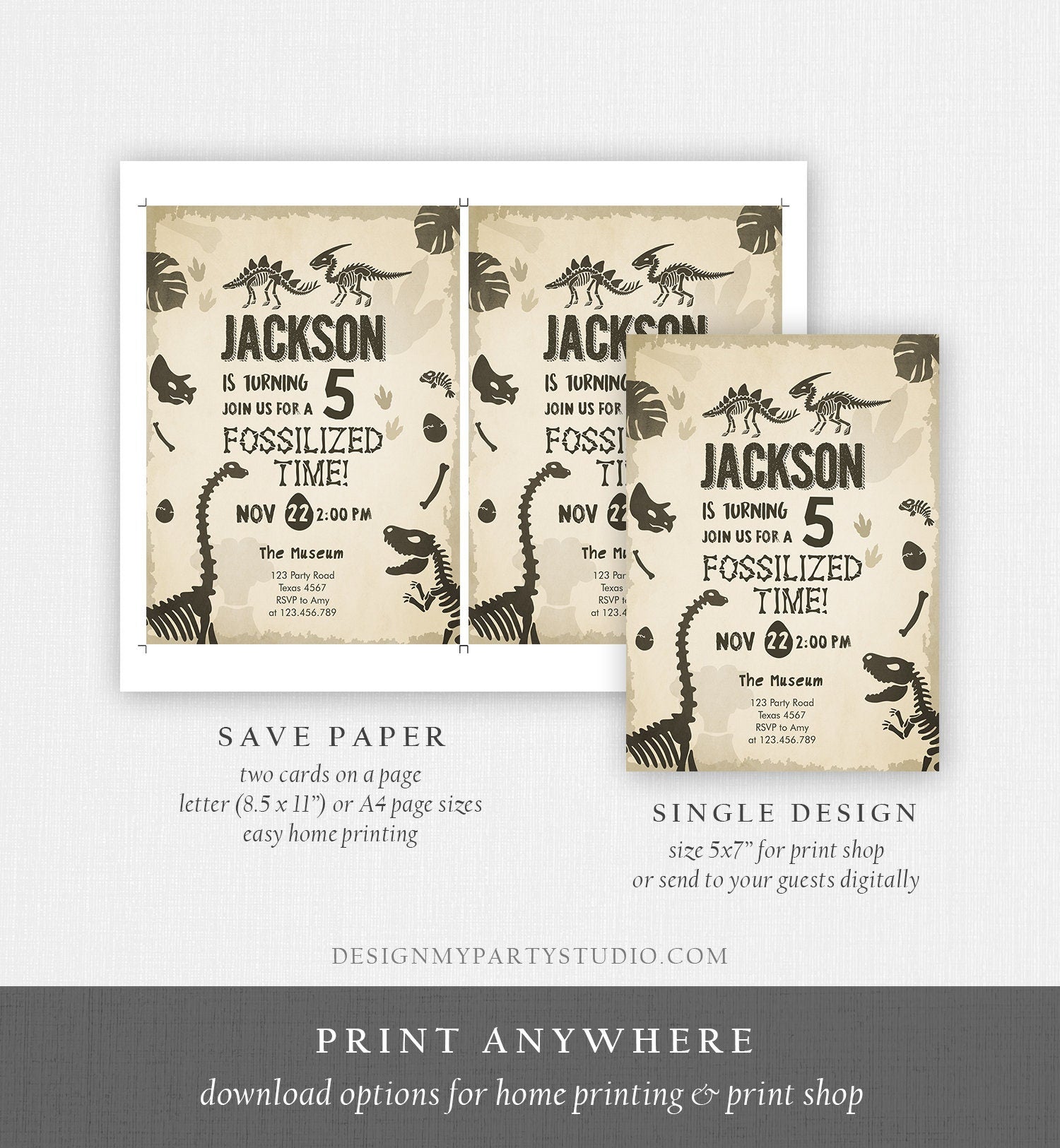 Editable Fossil Birthday Invitation Dino Dig Party Prehistoric Boy Dinosaur Party T-Rex Digital Download Printable Template Corjl 0269