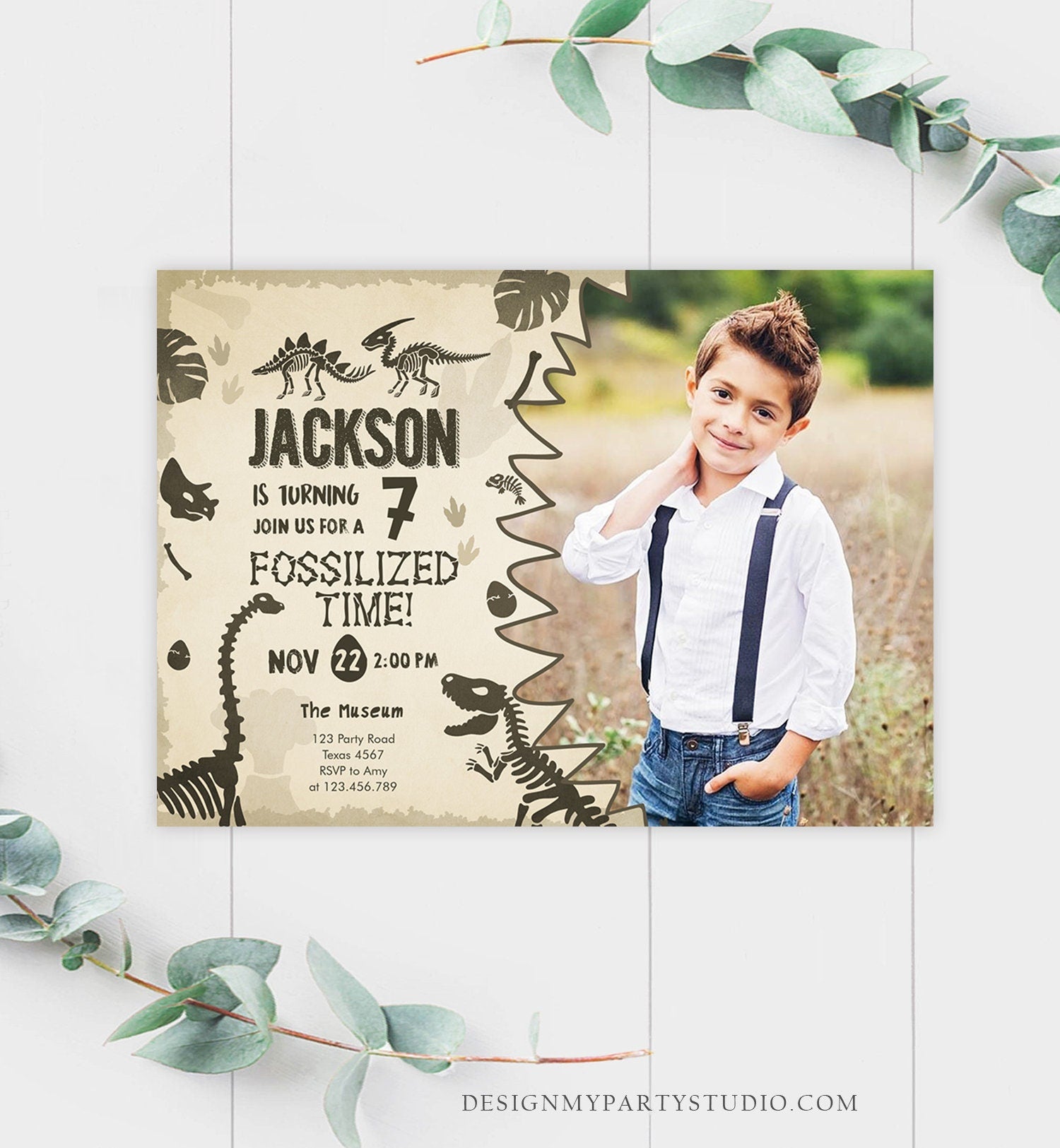 Editable Fossil Birthday Invitation Dino Dig Party Prehistoric Boy Dinosaur Party T-Rex Digital Download Printable Template Corjl 0269