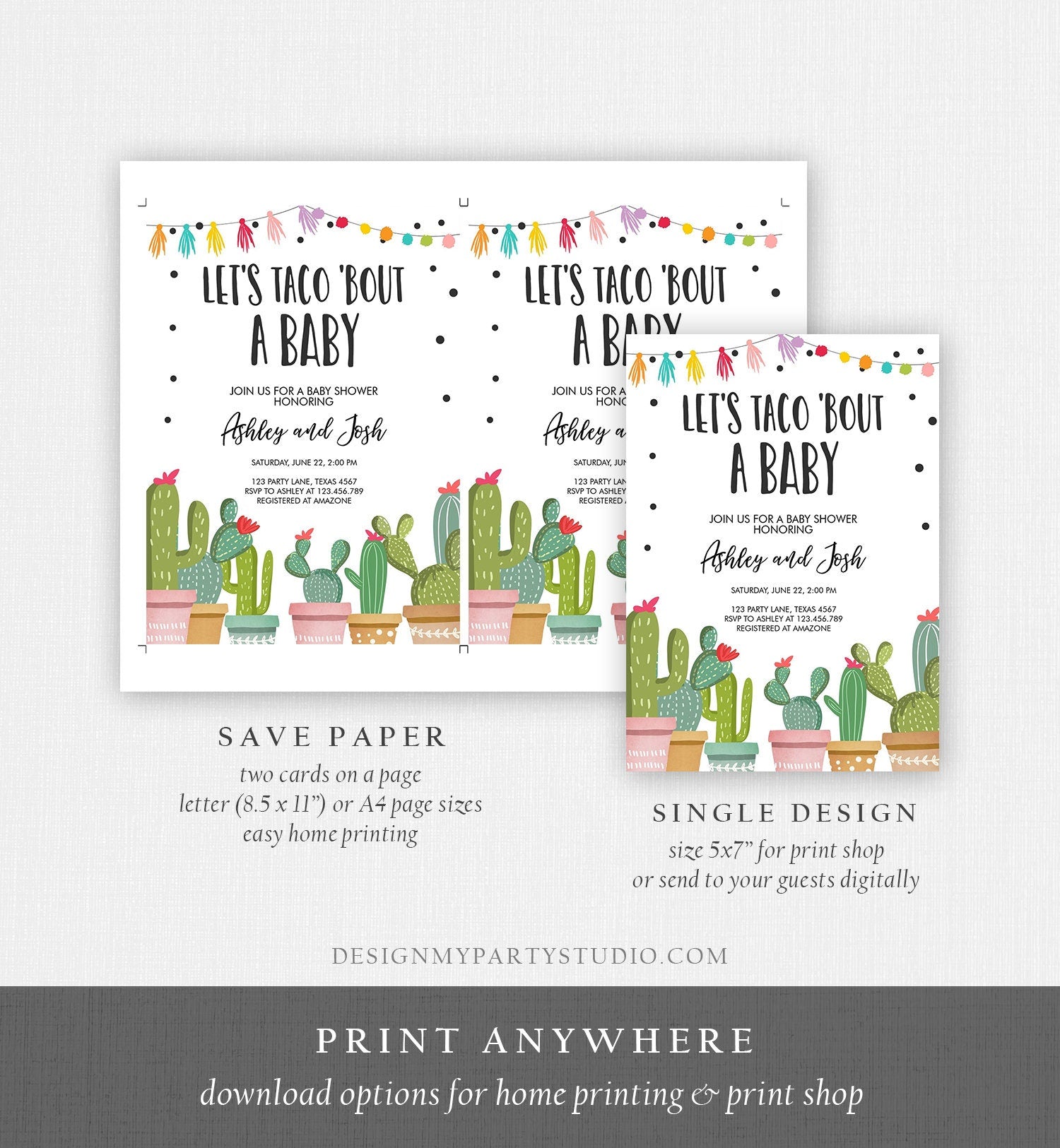 Editable Taco Bout a Baby Shower Invitation Cactus Mexican Fiesta Baby Sprinkle Couples Taco Digital Download Evite Template Printable 0254