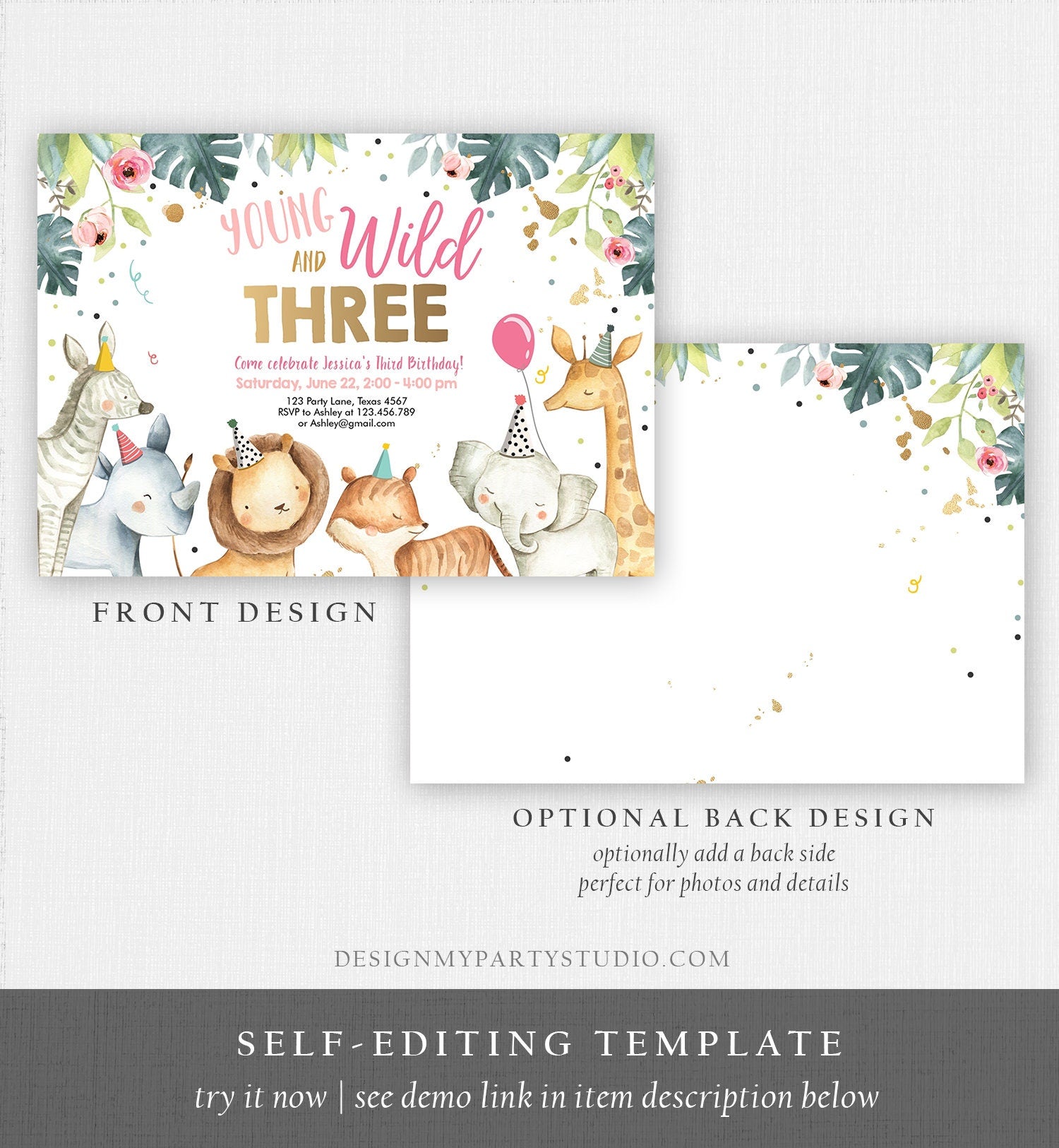 Editable Young Wild and Three Invitation Girl Pink and Gold Safari Animals Zoo Instant Download Printable Template Digital Corjl 0163