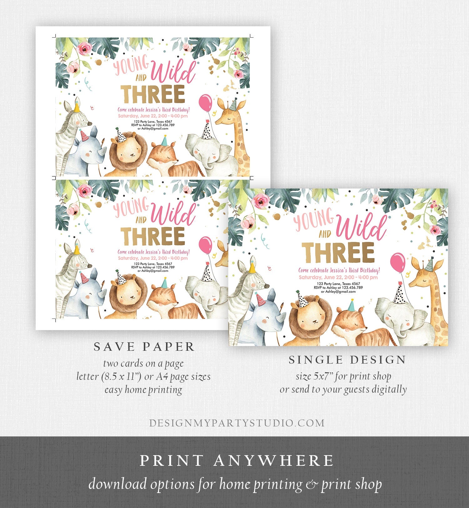 Editable Young Wild and Three Invitation Girl Pink and Gold Safari Animals Zoo Instant Download Printable Template Digital Corjl 0163