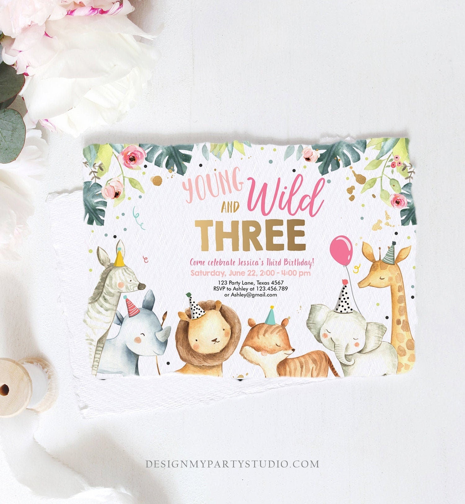 Editable Young Wild and Three Invitation Girl Pink and Gold Safari Animals Zoo Instant Download Printable Template Digital Corjl 0163