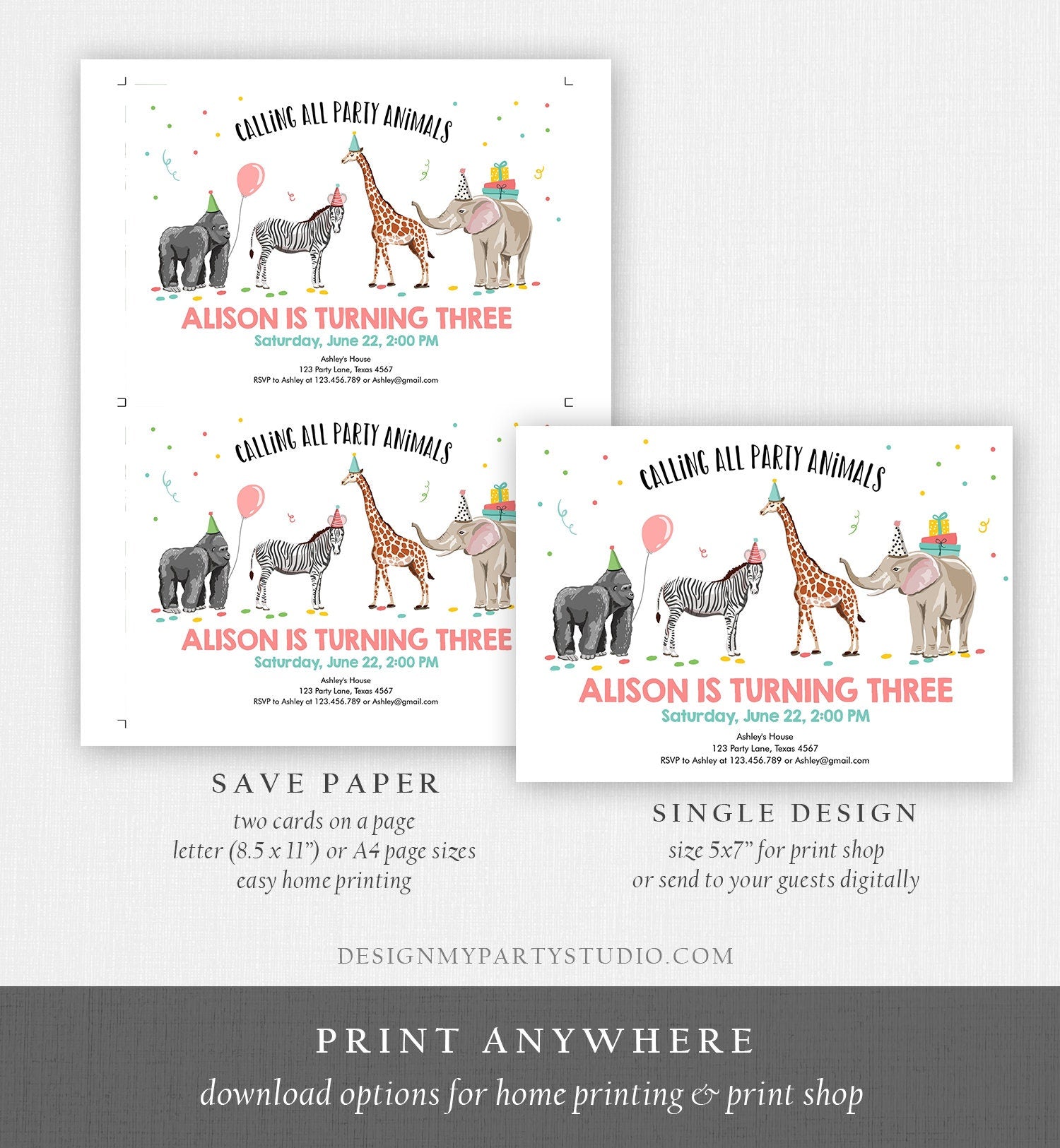 Editable Party Animals Birthday Invitation Wild One Animals Zoo Wild Safari Animals Girl Digital Download Corjl Template Printable 0142