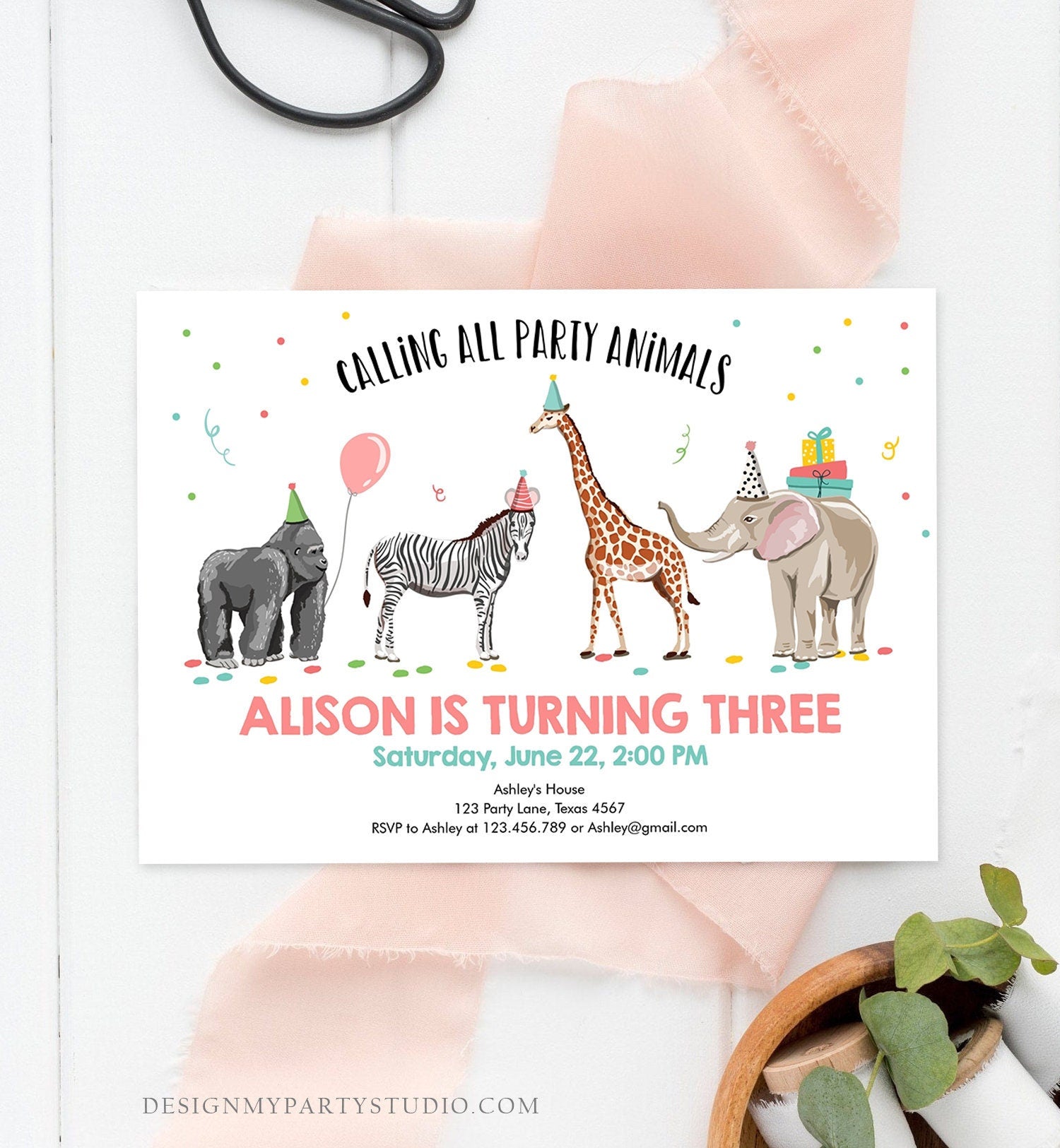 Editable Party Animals Birthday Invitation Wild One Animals Zoo Wild Safari Animals Girl Digital Download Corjl Template  Printable 0142