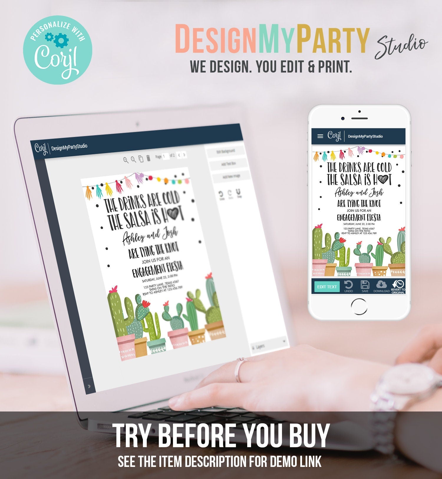 Editable Fiesta Engagement Party Invitation Bridal Shower Couples Shower Wedding Cactus Digital Download Evite Template Printable 0254