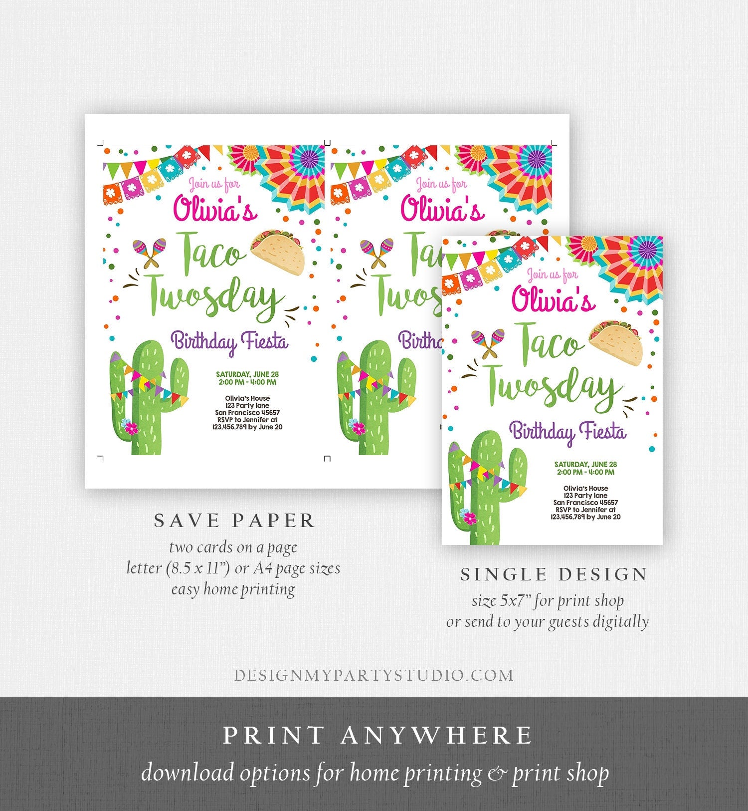 Editable Taco Twosday Invitation Girl Cactus Samba Twosday Second 2nd Birthday Fiesta Digital Download Corjl Template Printable 0045