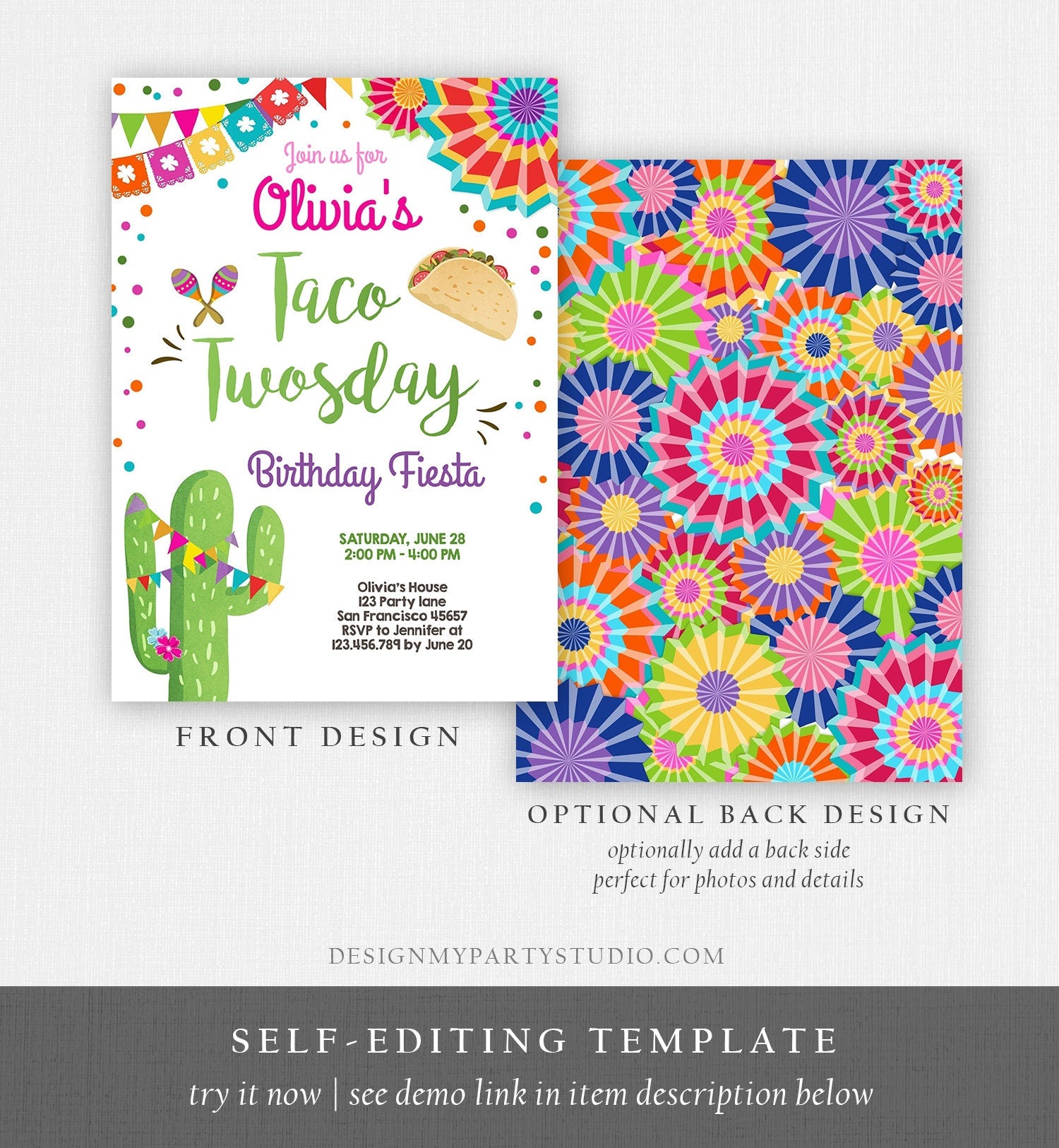 Editable Taco Twosday Invitation Girl Cactus Samba Twosday Second 2nd Birthday Fiesta Digital Download Corjl Template Printable 0045