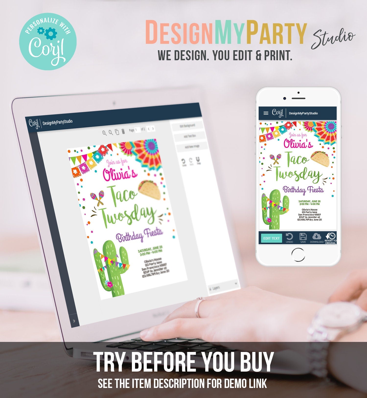 Editable Taco Twosday Invitation Girl Cactus Samba Twosday Second 2nd Birthday Fiesta Digital Download Corjl Template Printable 0045