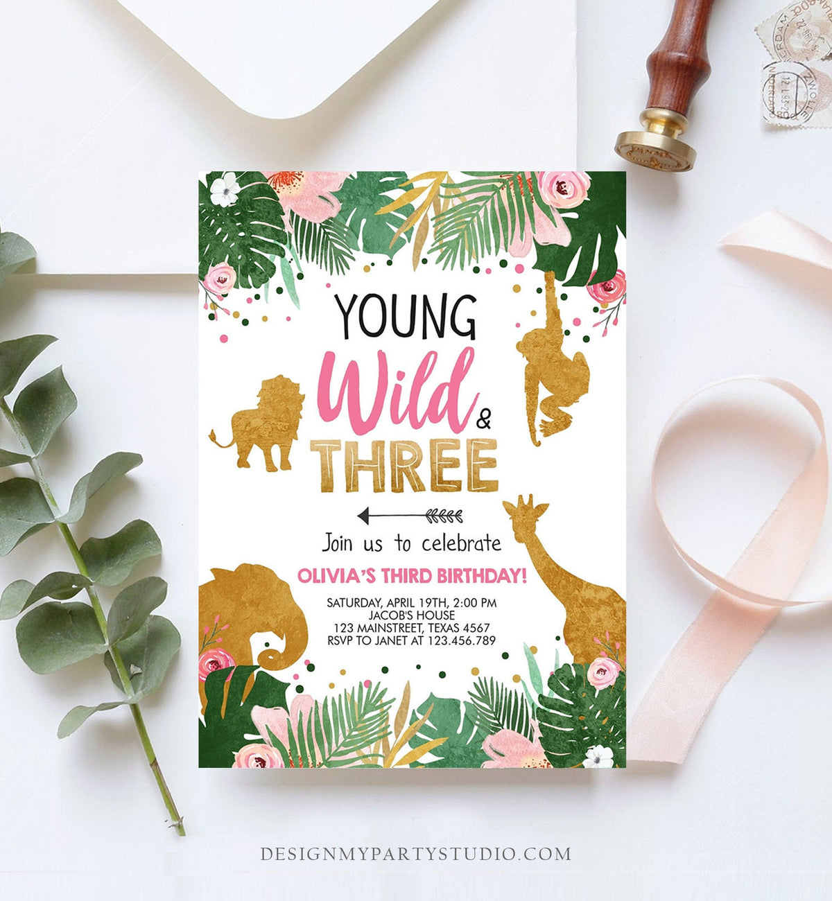 Editable Young Wild and Three Birthday Invitation Animals Invite Party Jungle Safari Pink Gold Download Corjl Template Printable 0016