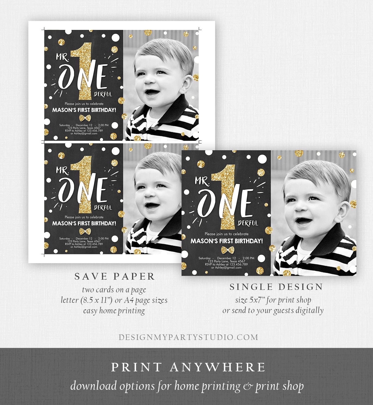 Editable Mr Onederful Birthday Invitation Black and Gold Boy Birthday Bow Tie Confetti 1st Birthday Printable Template Digital Evite 0072