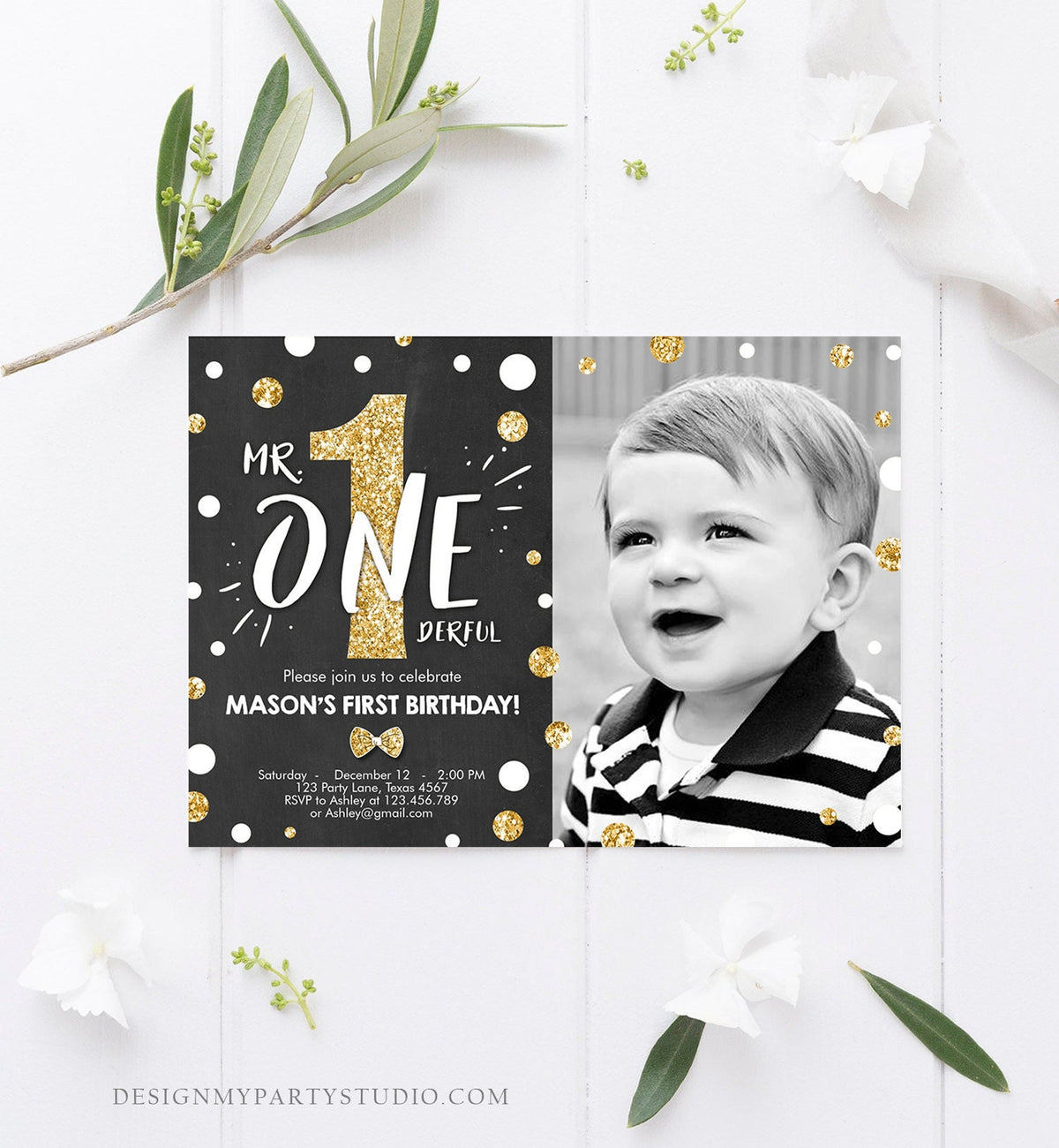 Editable Mr Onederful Birthday Invitation Black and Gold Boy Birthday Bow Tie Confetti 1st Birthday Printable Template Digital Evite 0072